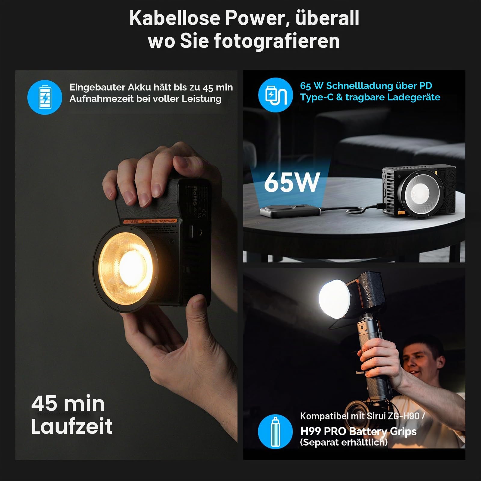 SIRUI C60X 60W LED Tragbares Fotolicht Videolicht Ultra-Leise (24.9dB), 0.53KG Kompakt, 2H Schnellladung, 13.000 Lux, Bluetooth-Steuerung für Studio/Outdoor-Videobeleuchtung