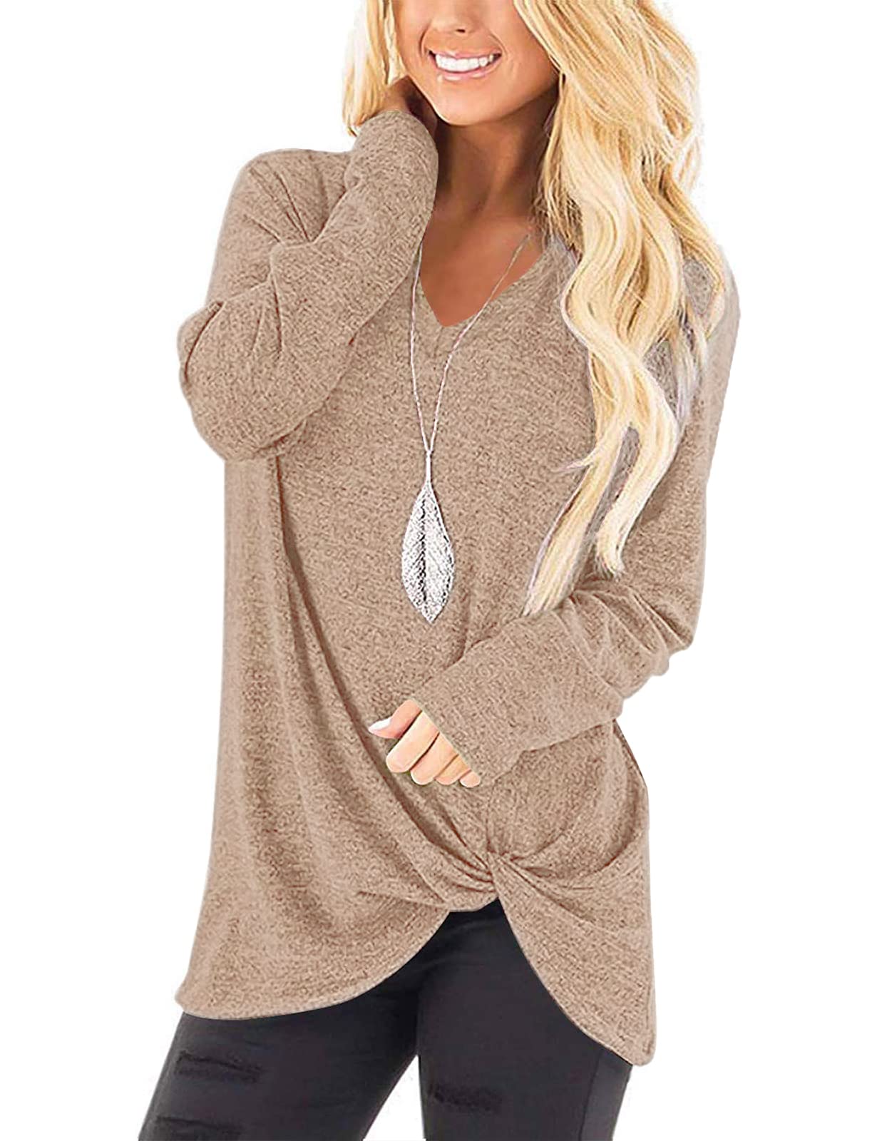 SimpleFun Womens Tops Long Sleeve Shirts V Neck Loose Fit Twist Knotted Fall Tunic Sweaters Blouses