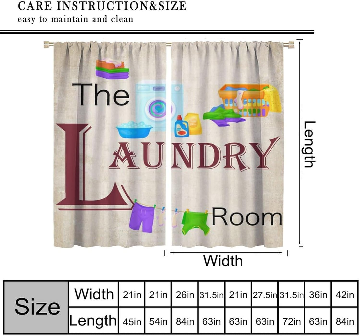 Laundry Room Kitchen Curtains, Washing Machine Clothes Basket Towel Retro Style Blackout Window Treatments, Rod Pocket Thermal Insulated Drapes 2 Panel Sets for Bedroom Living Room, 42"W X 45"L