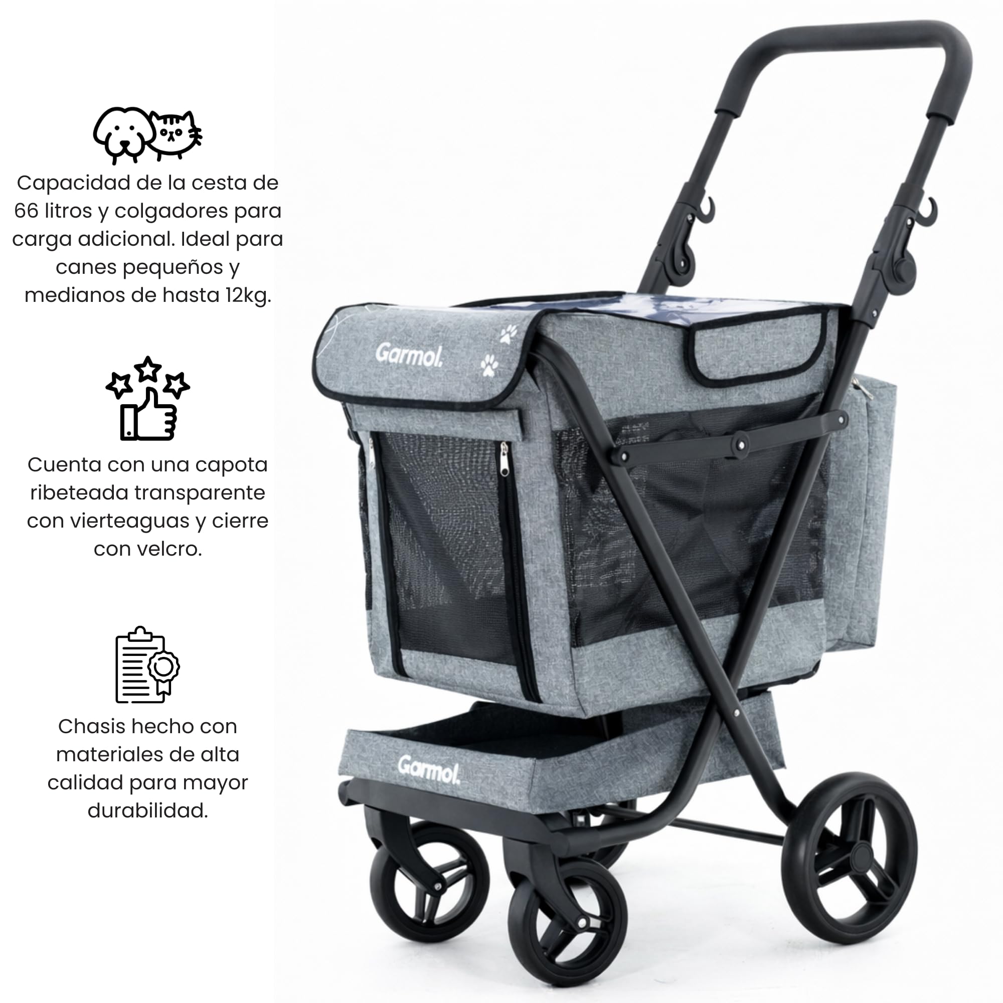 GARMOL Jumbo Pet Carrito para Mascotas Plegable 66L hasta 8kg | 4 Ruedas con 2 Giratorias, Capota Transparente Impermeable, Bolsa 9L y Bandeja 6L | Carro para Perros Pequeños y Medianos (Gris)