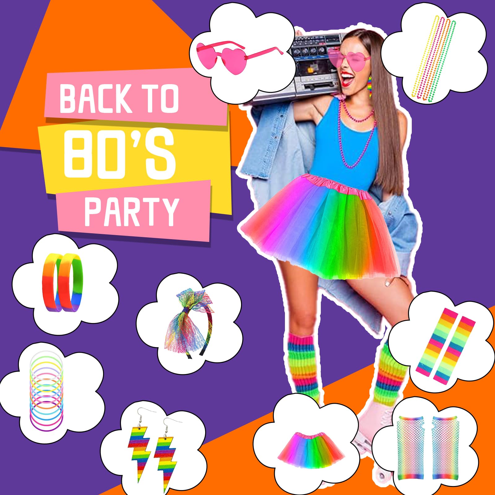 1980s Party Costume Accessories Set,80s Fancy Dress for Women with Tutu Adult Skirt,Leg Warmers Neon Bracelets Sunglasses Earrings Fishnet Gloves,Neon Clothing for 80s Party Decoration - Image 4