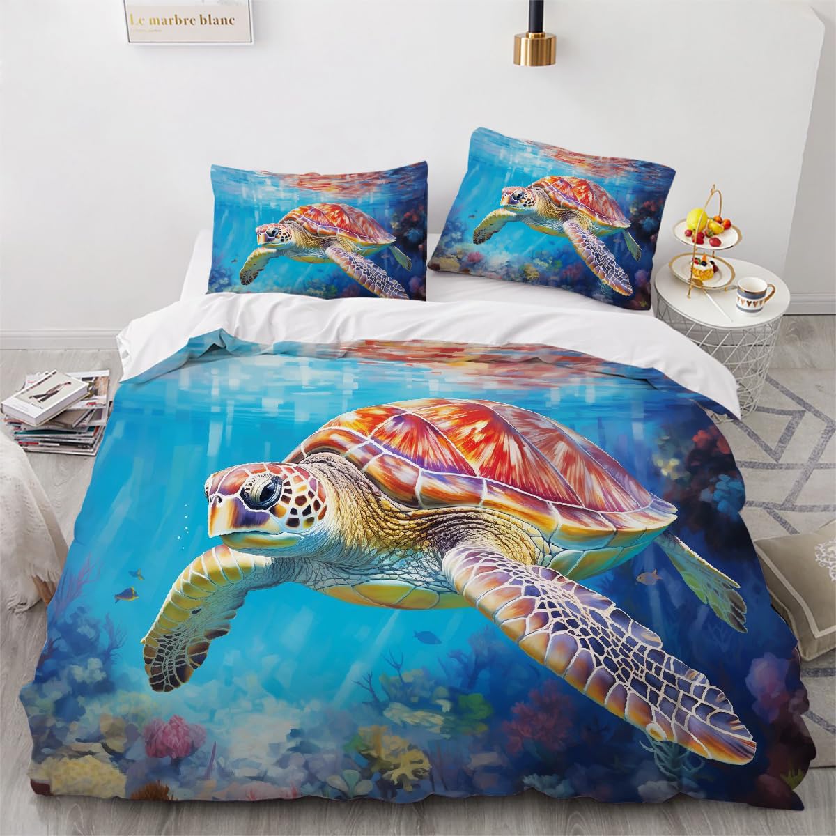 Housse de couette tortue de mer pour une chambre ambiance océan et décoration de lit 2 personnes