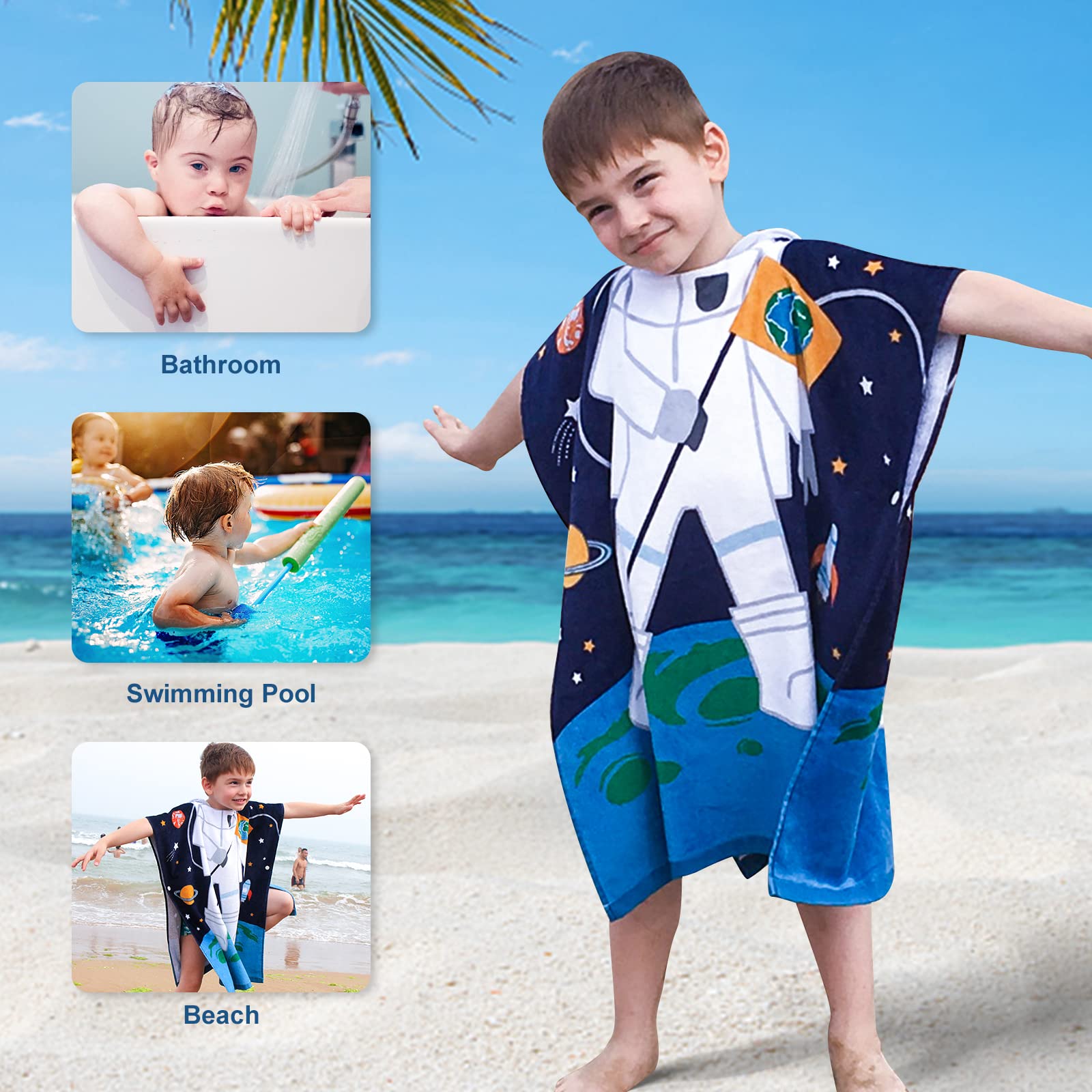 FLYISH DIRECT Badeponcho Kinder 100% Baumwolle Kinderhandtuch Poncho Kinder Badetuch Handtuch mit Kapuze Strandtücher für Jungen und Mädchen, 70x60cm