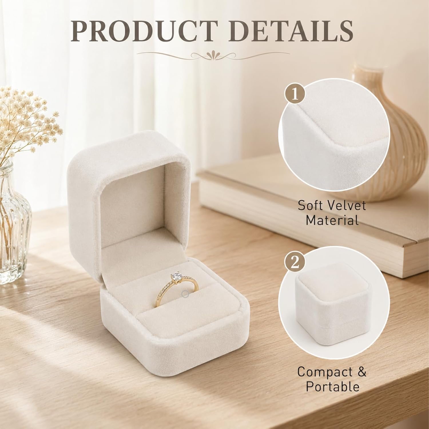 White Velvet Ring Box, Compact Ring Box with Soft Inner Shape, Ring Box for Engagement Ring, Wedding Ring, Jewellery, 5.3 x 6.2 x 4.8 cm for Proposal, Wedding, Anniversary, Presentation, Safe image 4