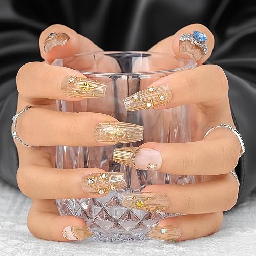 Miniatura 3 de Sethexy Uñas postizas largas doradas a presión con diamantes de imitación y purpurina hechas a mano, pintadas a mano, uñas postizas acrílicas de