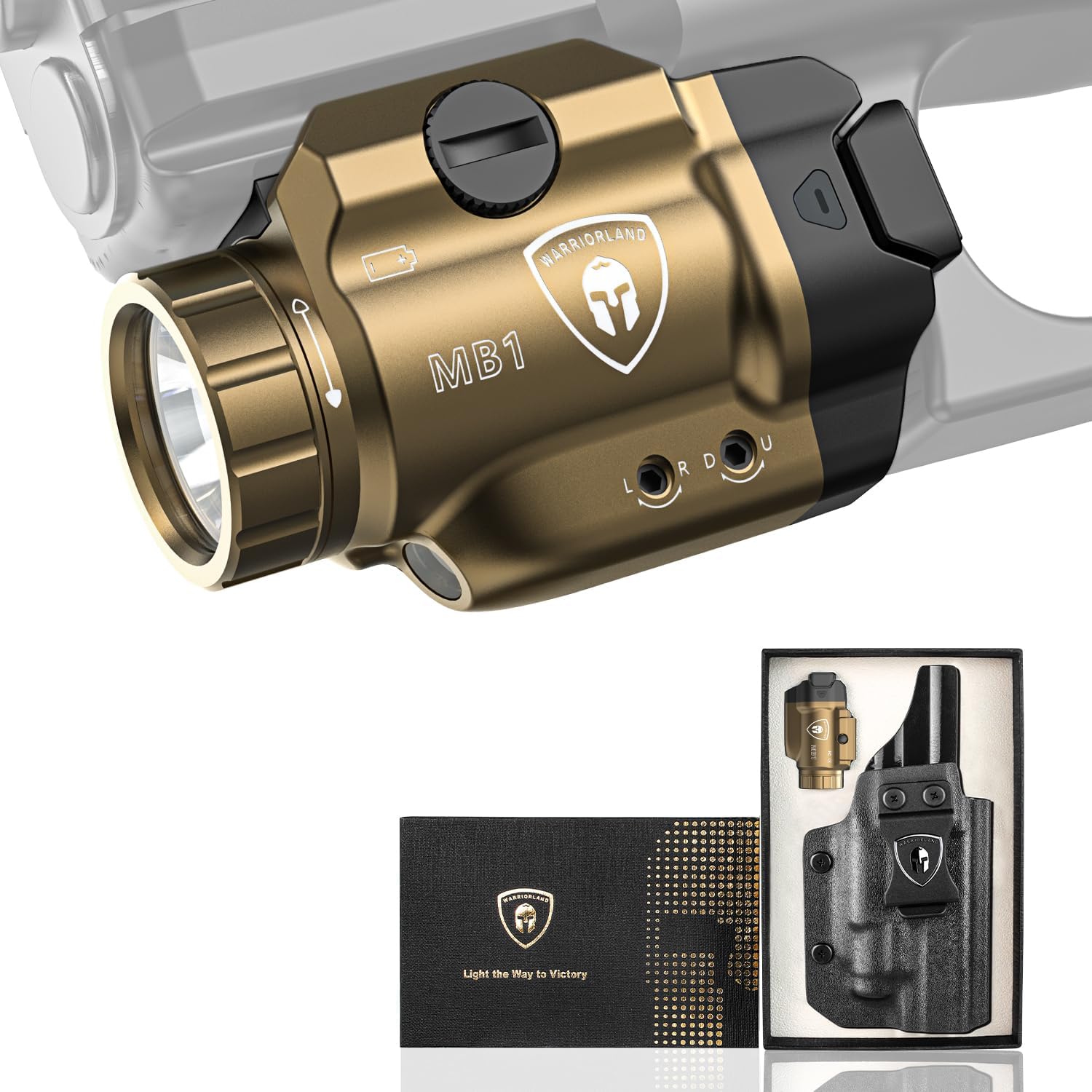 WARRIORLAND MB1 Pistol Light and Holster Combo, Fit for Glock 20/21/22/23 Gen 3-5 & Glock 34 Gen 4, Compact 500-Lumen Rail Mounted Tactical Weapon Light with Red Laser & White LED, Power Indicator