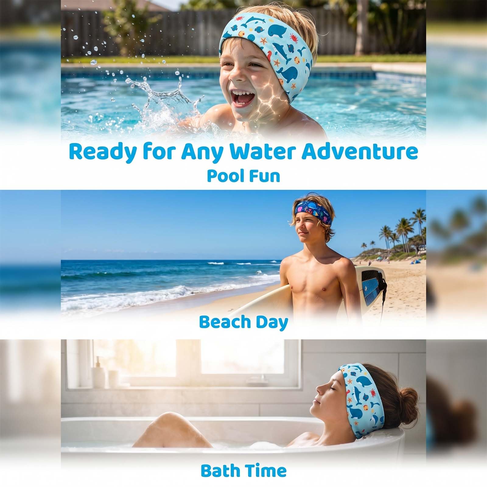 Nivofu 2PCS Neopreno Diadema de natación, 2 Pares de Tapones de Silicona, Banda Impermeable Ajustable con Protección de Orejas para Niños y Adultos, Piscina Surf Buceo Talla L