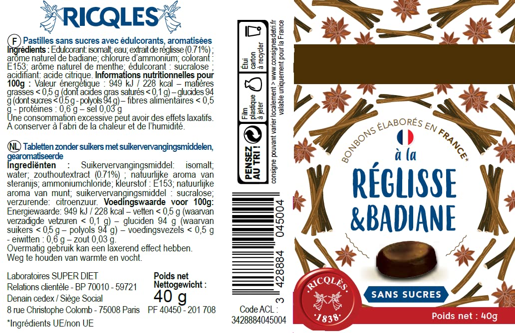 RICQLES -BONBONS RÉGLISSE BADIANE SANS SUCRES - Bonbon à sucer- Élaborés en France - Boîte en carton de 40g