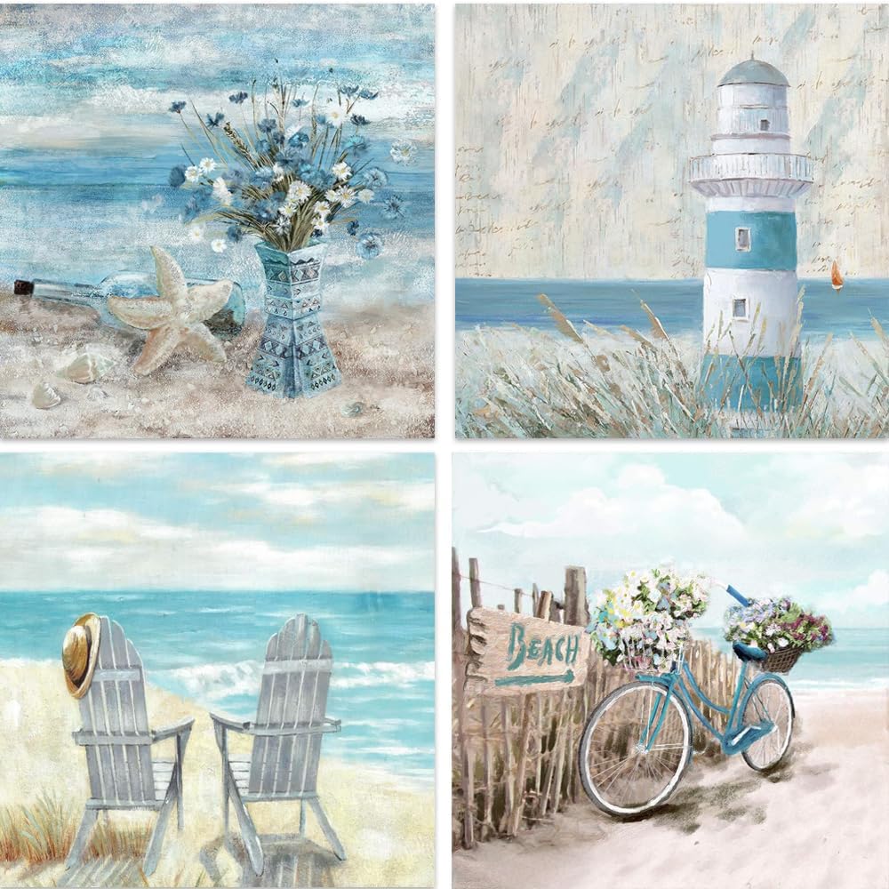 Jakener 4 Pack Diamond Art-Beach-251216 4 Pack Diamond Art Kits Adults, 5D Beach Diamond Painting Kit For Adults, Diy Full Round Drill Crystal Gem Art Craft, Home Wall Decor 12X12 Inch