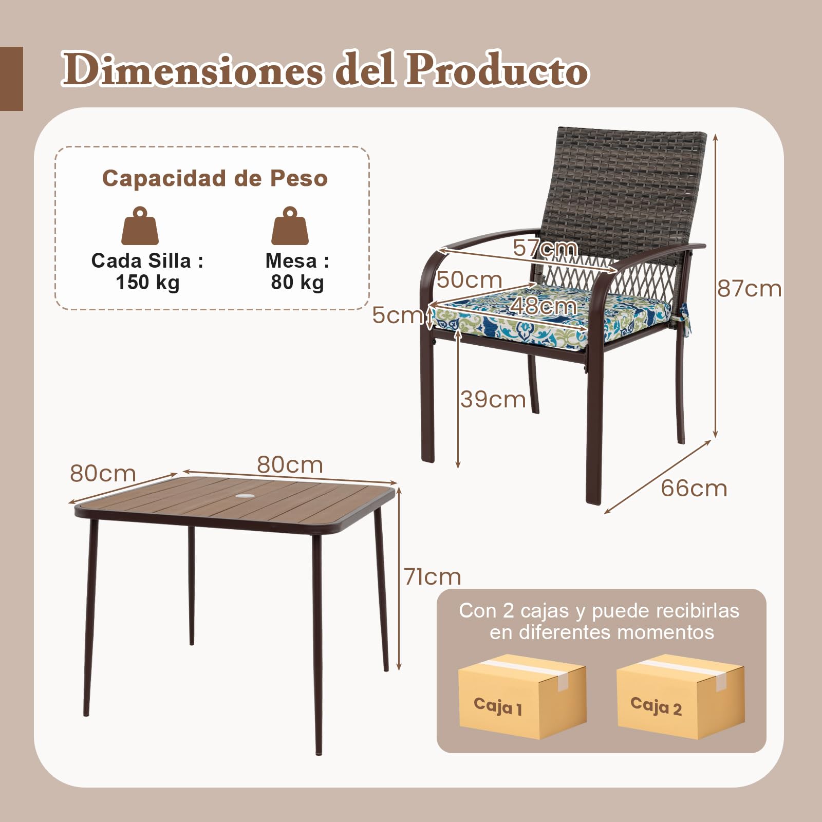 COSTWAY Conjunto Jardin Exterior de 5 Piezas, 4 Sillas de Ratán con Cojines y Mesa Cuadrada con Tablero de Madera Plástica y Agujero para Sombrilla, Muebles Comedor Jardin Terraza Balcon Exterior