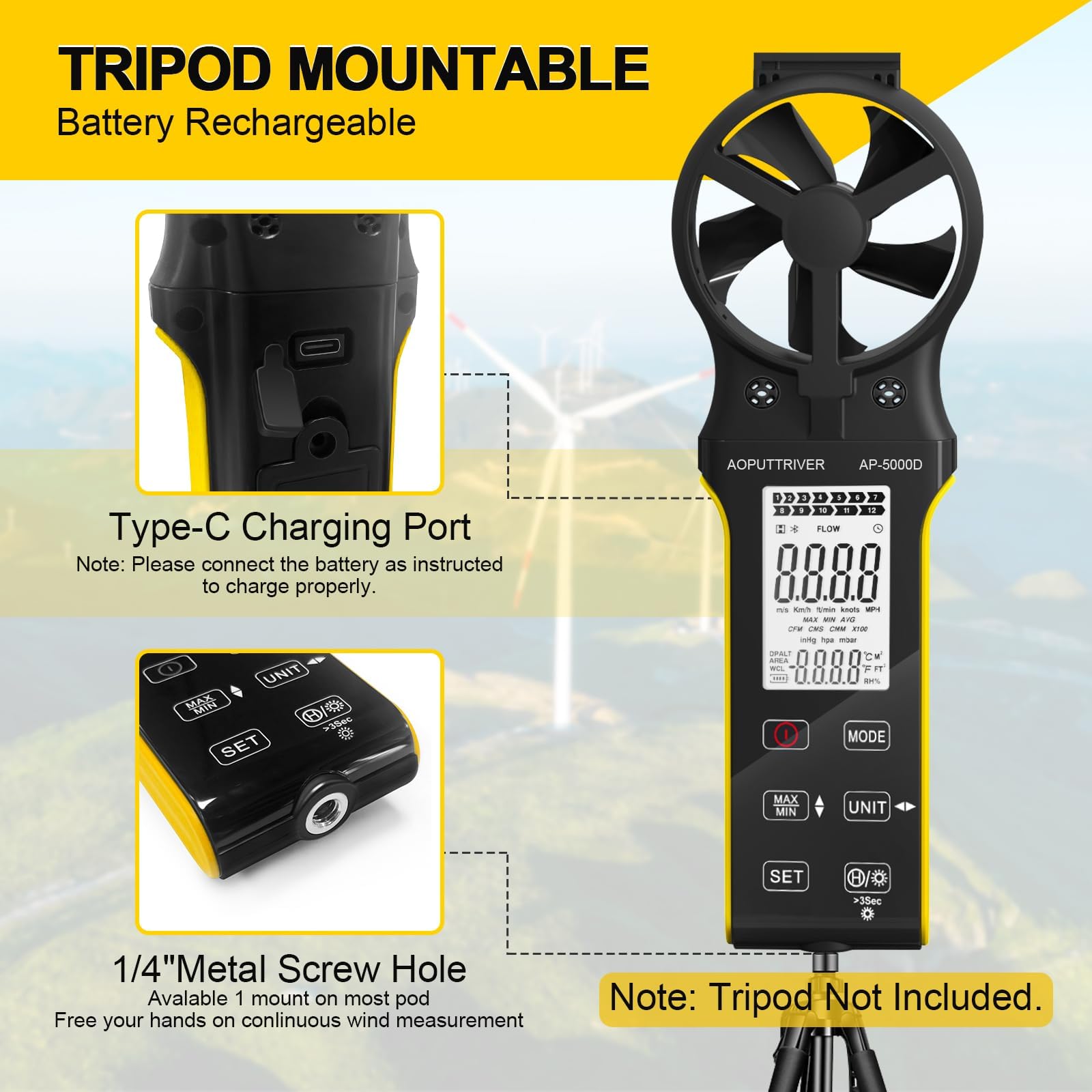 Windmesser CFM Messgerät, Wiederaufladbarer Anemometer mit Touchscreen, Anemometer Handheld Digital Windmessgerät Misst Luftvolumen/Windgeschwindigkeit/Temp mit MAX/MIN für HVAC Drohne