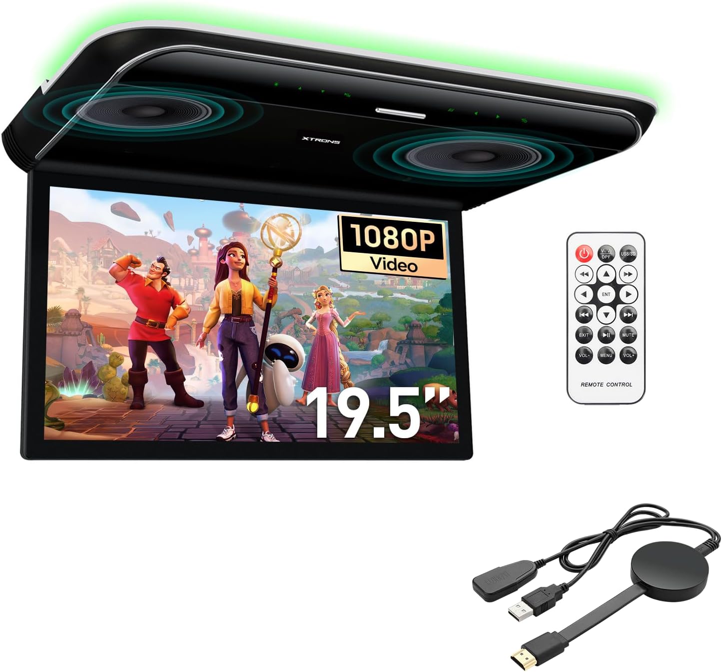 XTRONS 19.5“ HD Digital TFT 16:9 Screen Car Overhead Video Ultra-Thin Car Roof Mounted Player with Built-in HDMI/AV/USB Speakers and Colourful Aura Light with 1pcs Wireless Dongle