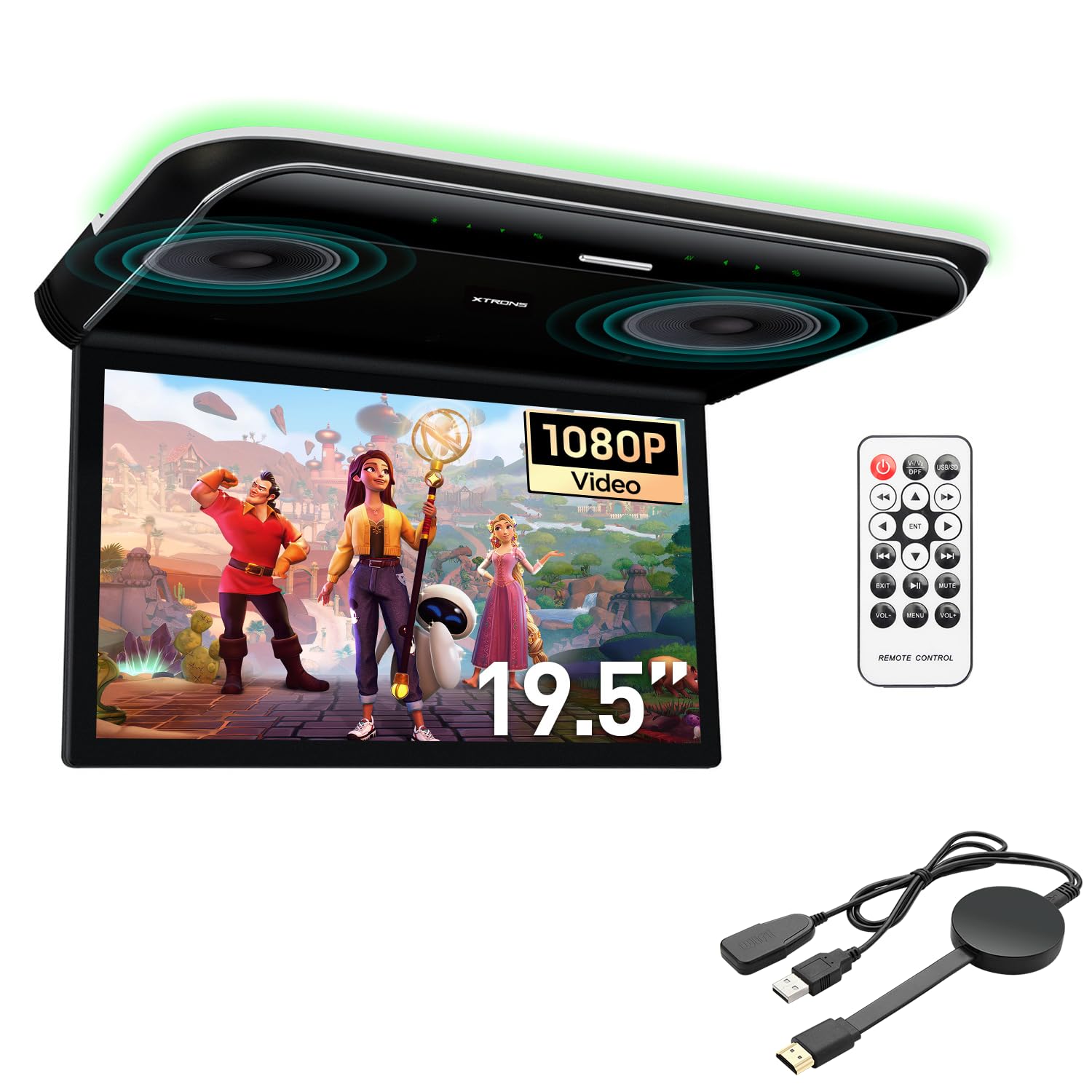 XTRONS 19.5“ HD Digital TFT 16:9 Screen Car Overhead Video Ultra-Thin Car Roof Mounted Player with Built-in HDMI/AV/USB Speakers and Colourful Aura Light with 1pcs Wireless Dongle
