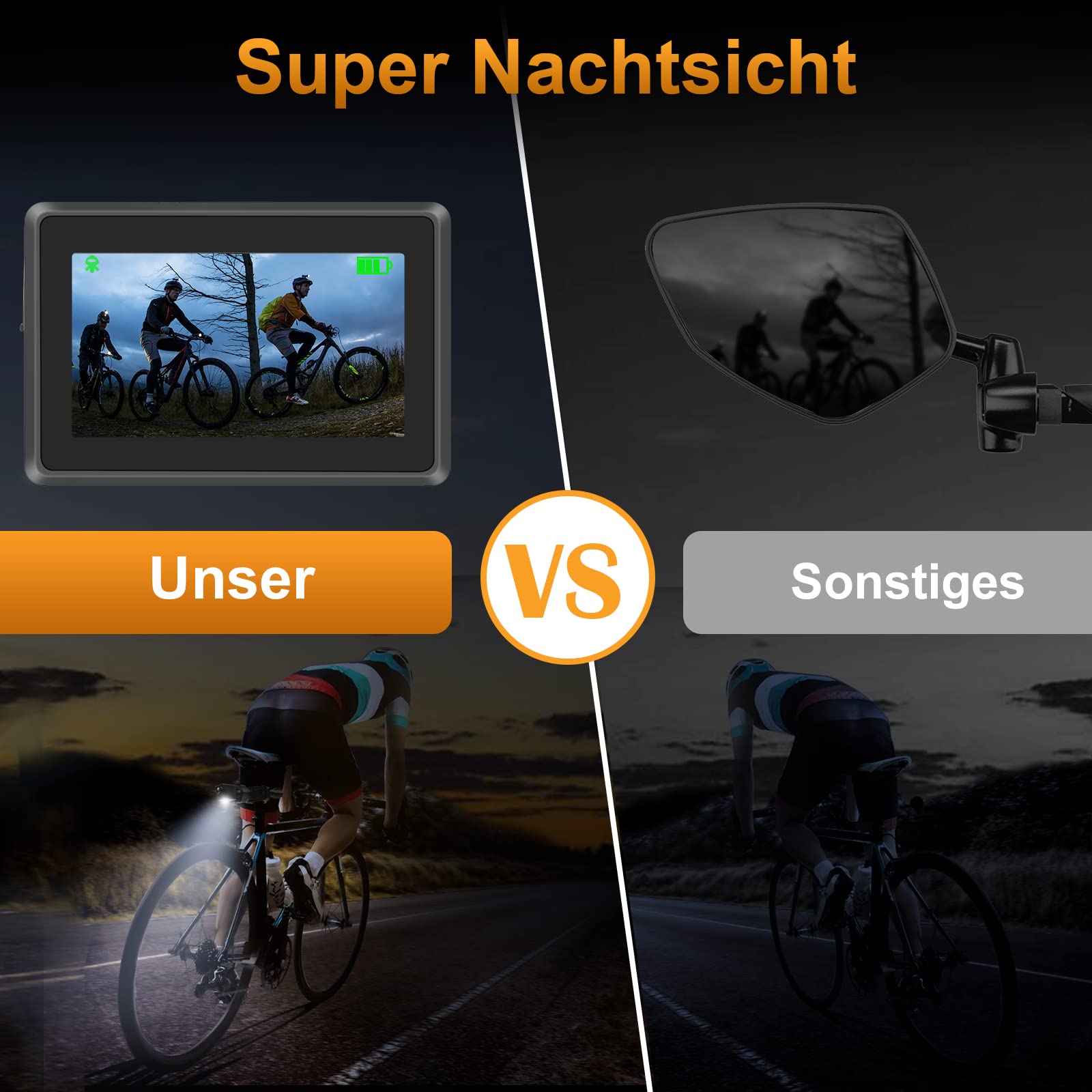 Fahrrad Rückfahrkamera HD mit Nachtsicht & 110° Weitwinkel | Universelle Lenkerspiegel-Kamera für E-Bike, Mountainbike, Rennrad (Plug & Play, kabelgebunden, Lenker Ø 20–30 mm)