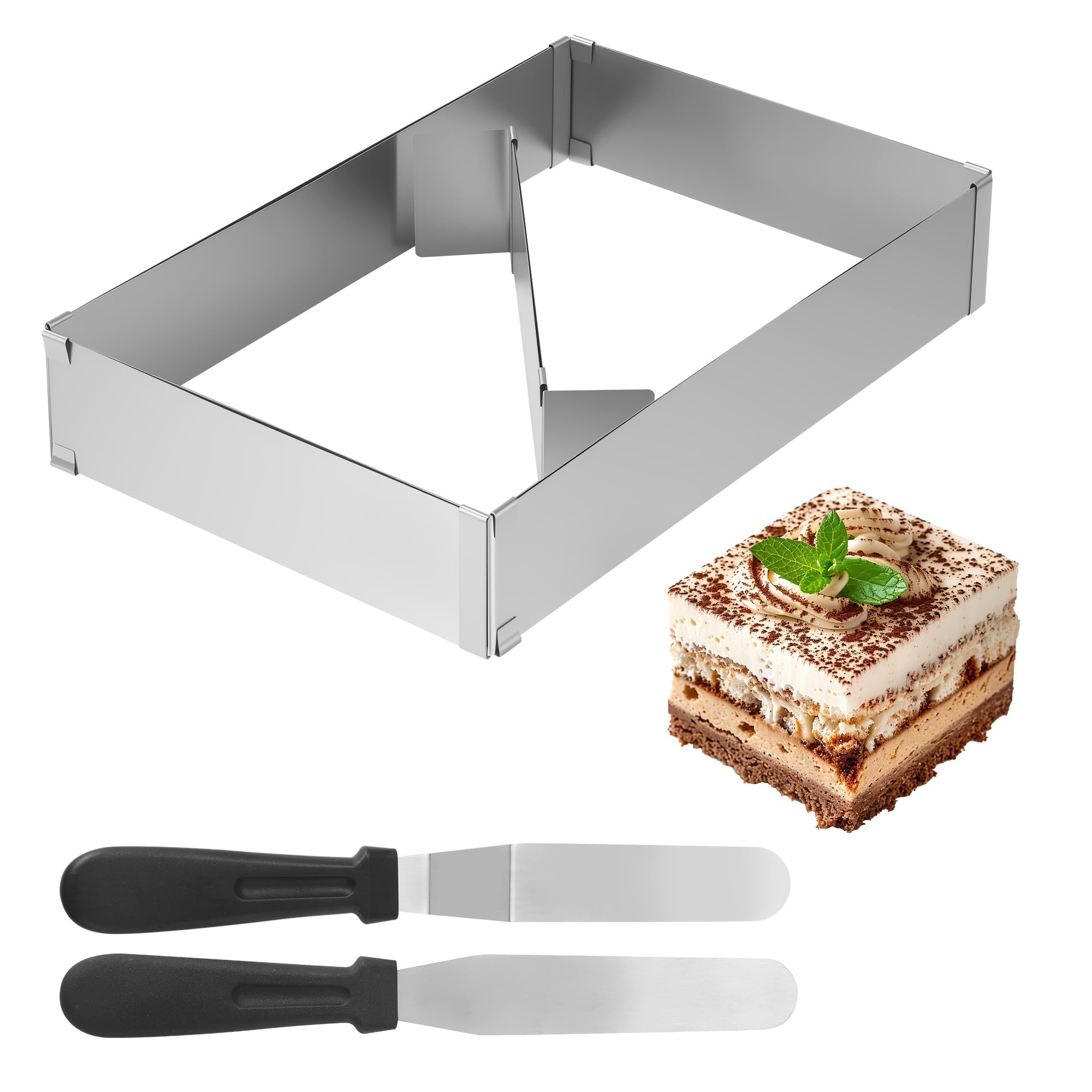 Backrahmen Rechteckig Verstellbar, 5 cm hoher Edelstahl Tortenring Eckig, Backrahmen Eckig Verstellbar Range 18x35-34x53 cm mit Abteiler und 2 Spateln zum Backen und Schichten von Kuchendekoration
