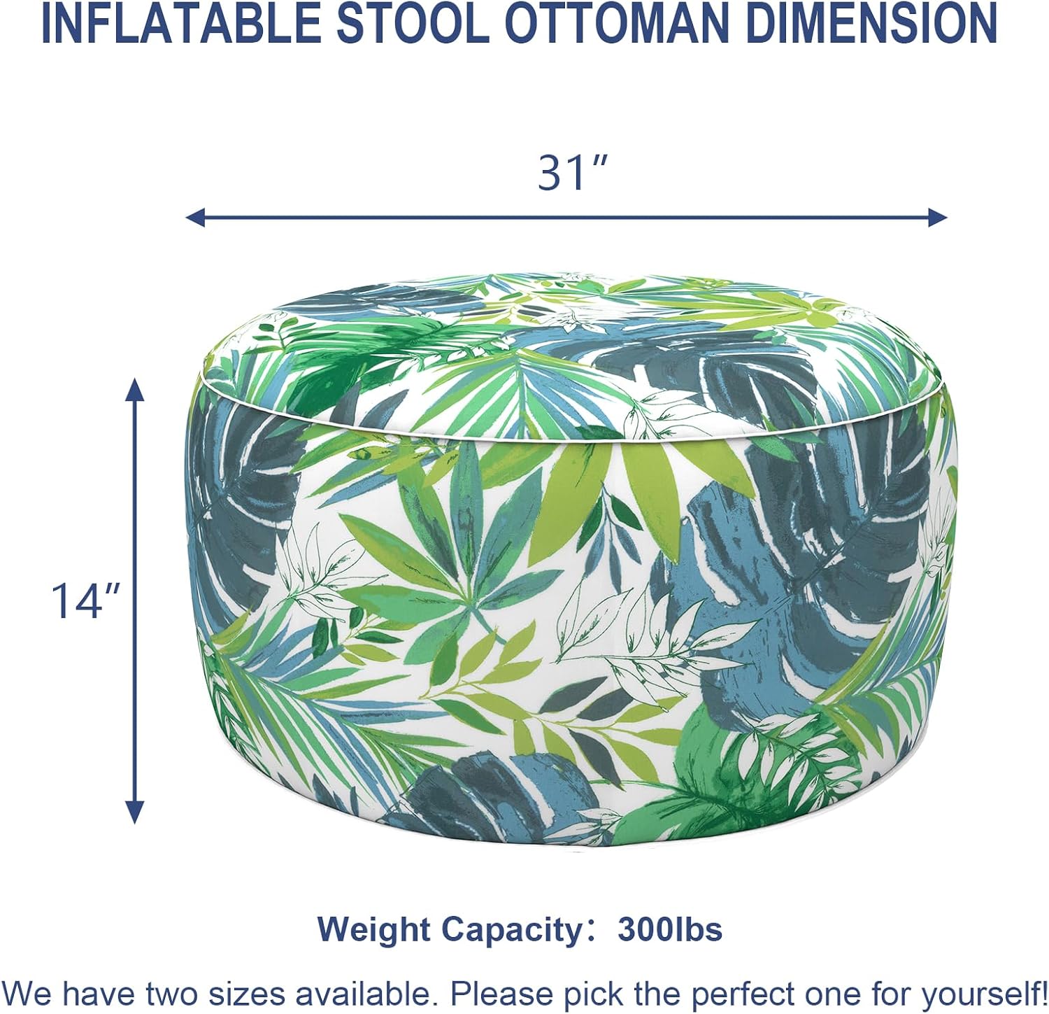 Outdoor Inflatable Stool, All Weather Portable Footrest, Furniture Stool Ottomans for Home Garden Beach, D31'xH14', Islamorada Blue Green