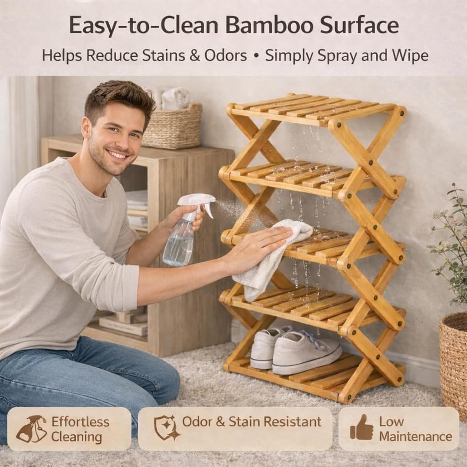 9-Tier Pre-Assembled Bamboo Storage Shelf—Ideal for entryways, Corners, bedrooms, and Balconies; Requires no Installation and Features a Portable, Foldable Design.