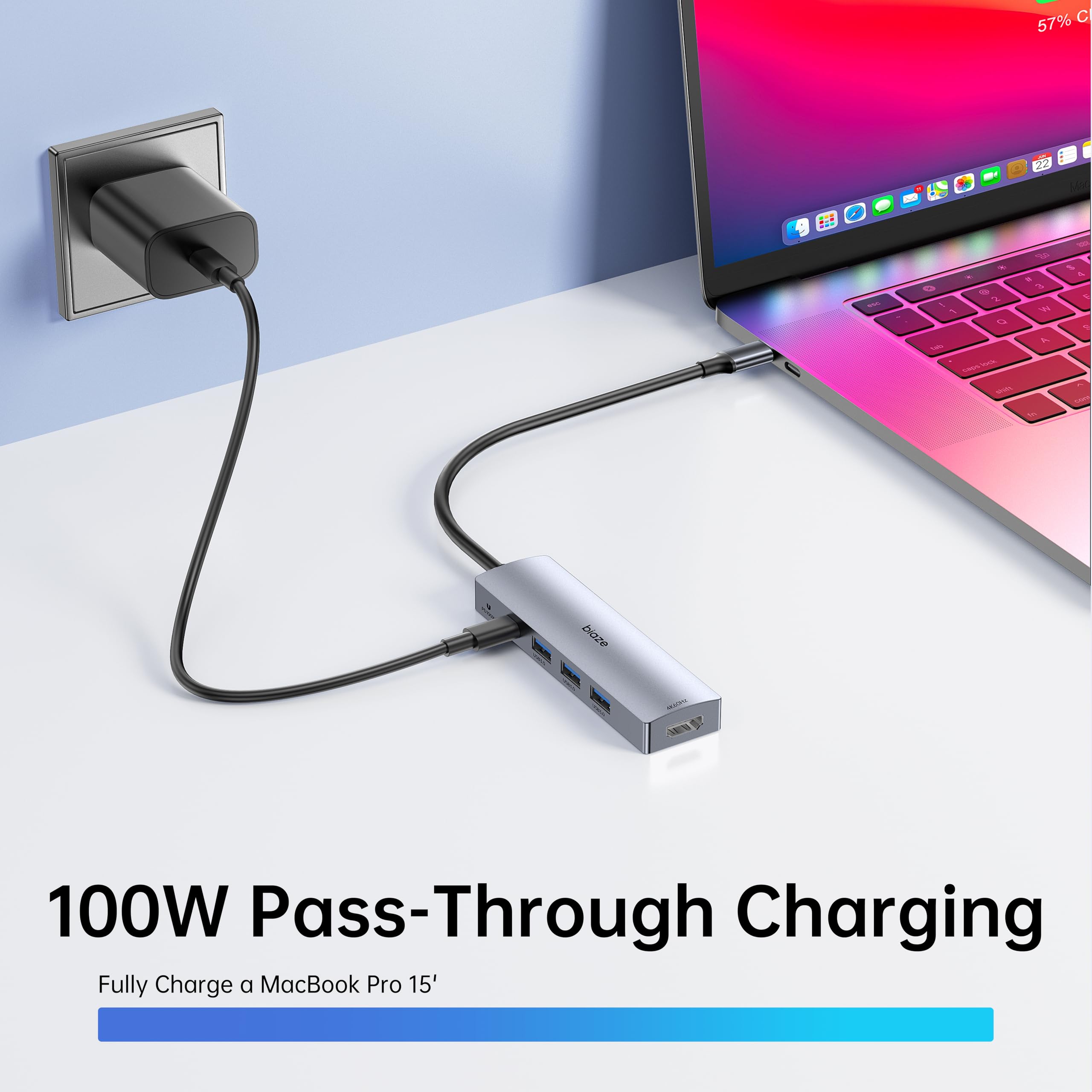 Base 5 en 1 para MacBook: amplía tus puertos. Soporta HDMI 4K60Hz, carga rápida PD de 100 W, 3 puertos USB 3.0, hub para portátil. Compatible con MacBook Air/Pro M4/M3 y iPhone 15/16 Series.