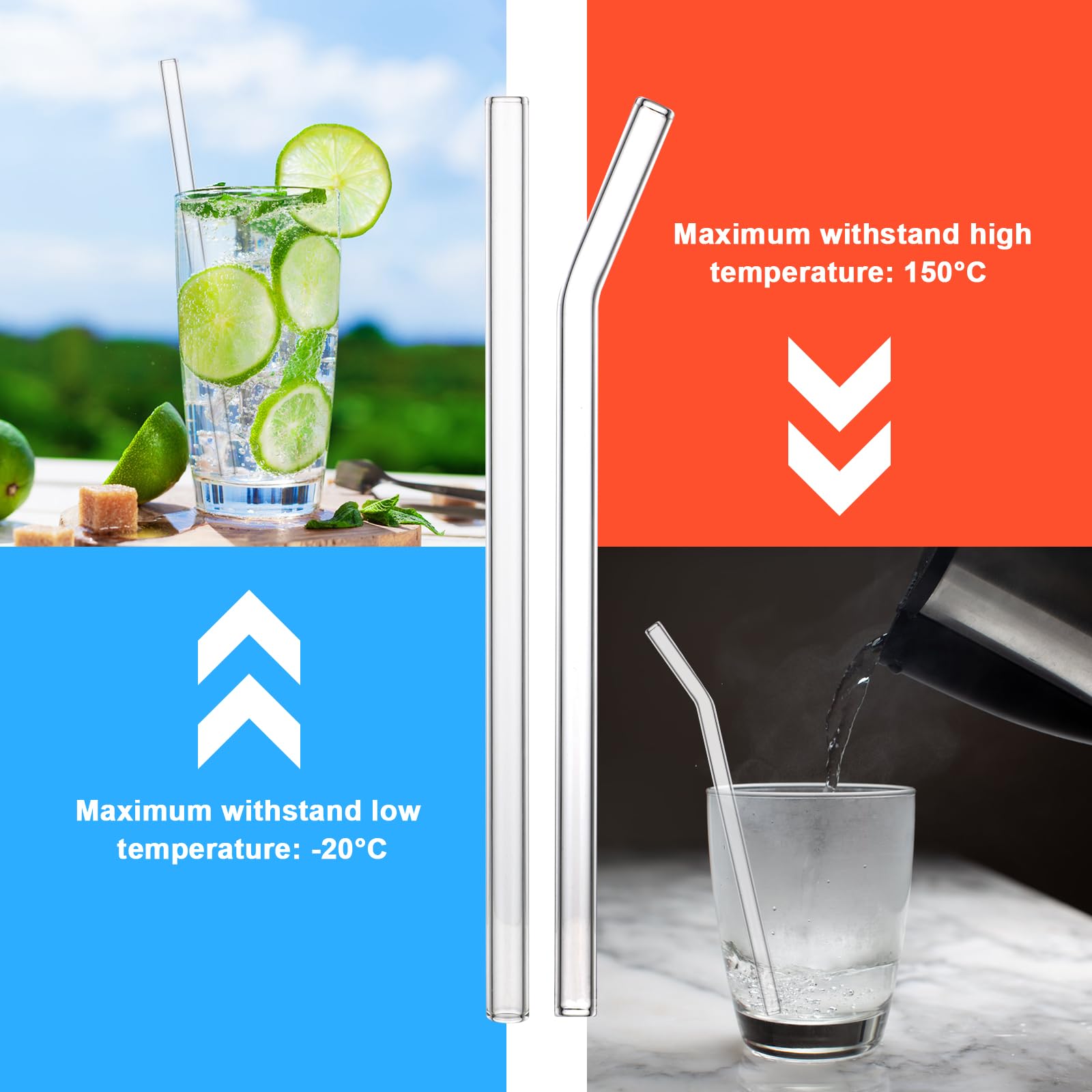 Cannucce Di Vetro Riutilizzabili 16 Pezzi Con Spazzole - 6 Dritte + 6 Curve 21,5 Cm - Per Cocktail, Frullati, Bubble Tea - Vetro Borosilicato - 3