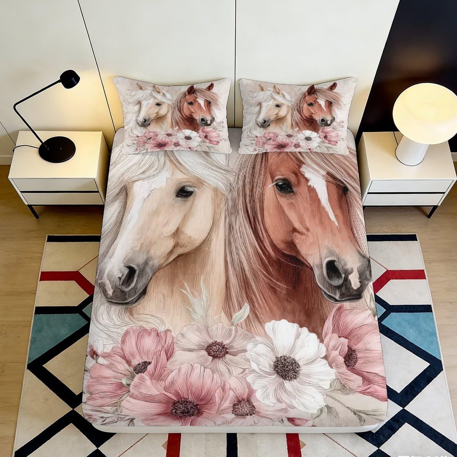 3D Printed Horse Fitted Sheet, Microfiber Soft Touch, Floral Bed Cover for Bedroom, Guest Room, Wrinkle Resistant, Apartment Bedding, Easy Care, Home Decor 119 90x200x25cm