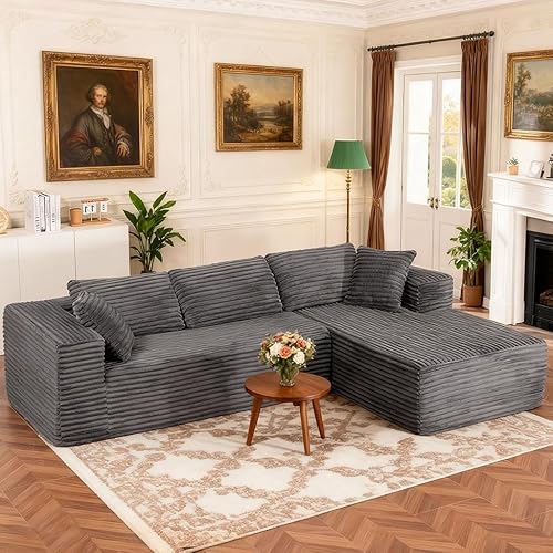 Vista 14 de COMHOMA - Sofá seccional modular de 105" con asiento profundo, sofá en forma de L tapizado en nube, brazos anchos, tela de corduroy, chaise lounge