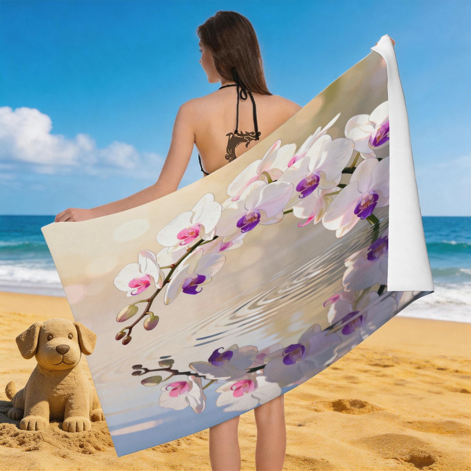 Leichong 3D Phalaenopsis Orchid Beach Towel Large Microfiber Soft Quick Dry for Adults, Chic Bath Towel Lightweight Soft Absorbent for Travel Swimming Pool Sports, 80 x 160 cm