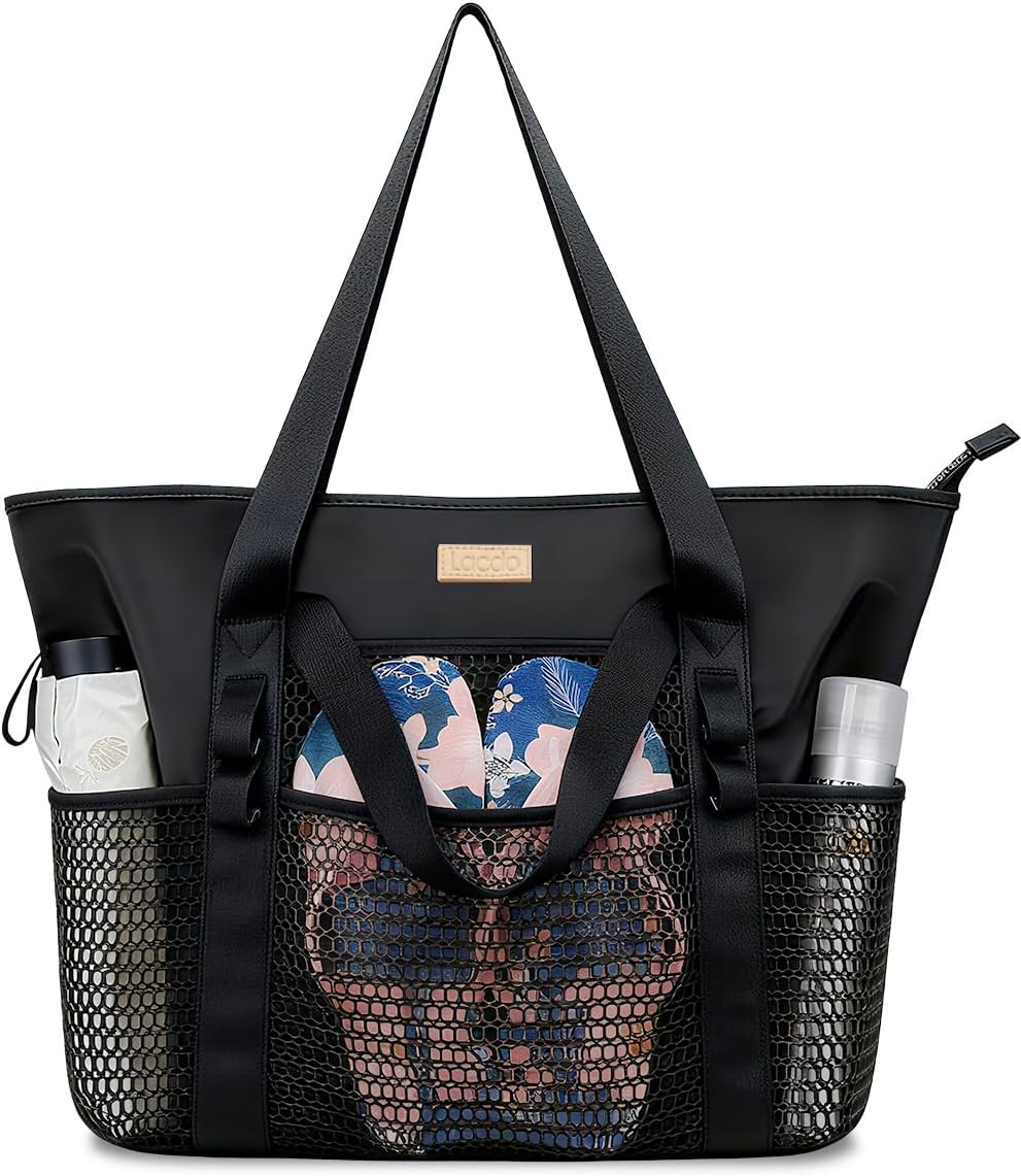 Lacdo Beach Bag for Women, Beach Tote Bag for Women Waterproof Sandproof Foldable Pool Bag for Travel Beach Vacation Pool