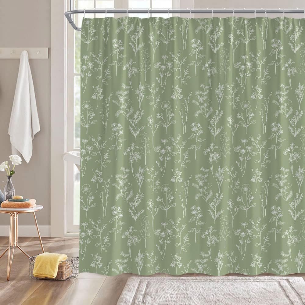 Black White Botanical Shower Curtain Boho Herbs Floral Nature Cute Plant Leaves and Flowers Retro Rustic Farmhouse Vintage Fabric Bathroom Decor Fabric Curtain with Hooks