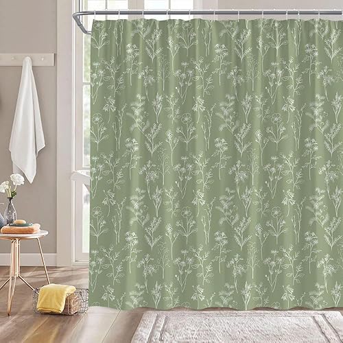 Cortina de ducha botánica verde salvia, hierbas bohemias, flores, naturaleza, lindas, plantas, hojas y flores, retro, rústica, granja, tela vintage,
