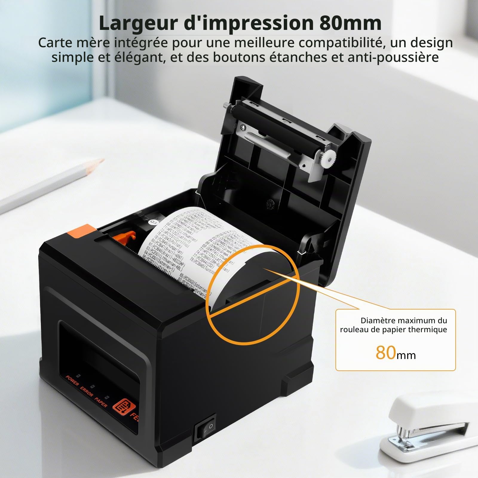 Imprimante, Thermique Mini Imprimante Sans Cartouche Reçus Point Vente USB 80Mm Avec Coupe-Papier Automatique Prise Charge Tiroirs-Caisses Interface USB/Ethernet Compatible Windows/Mac/Linux ESC/POS