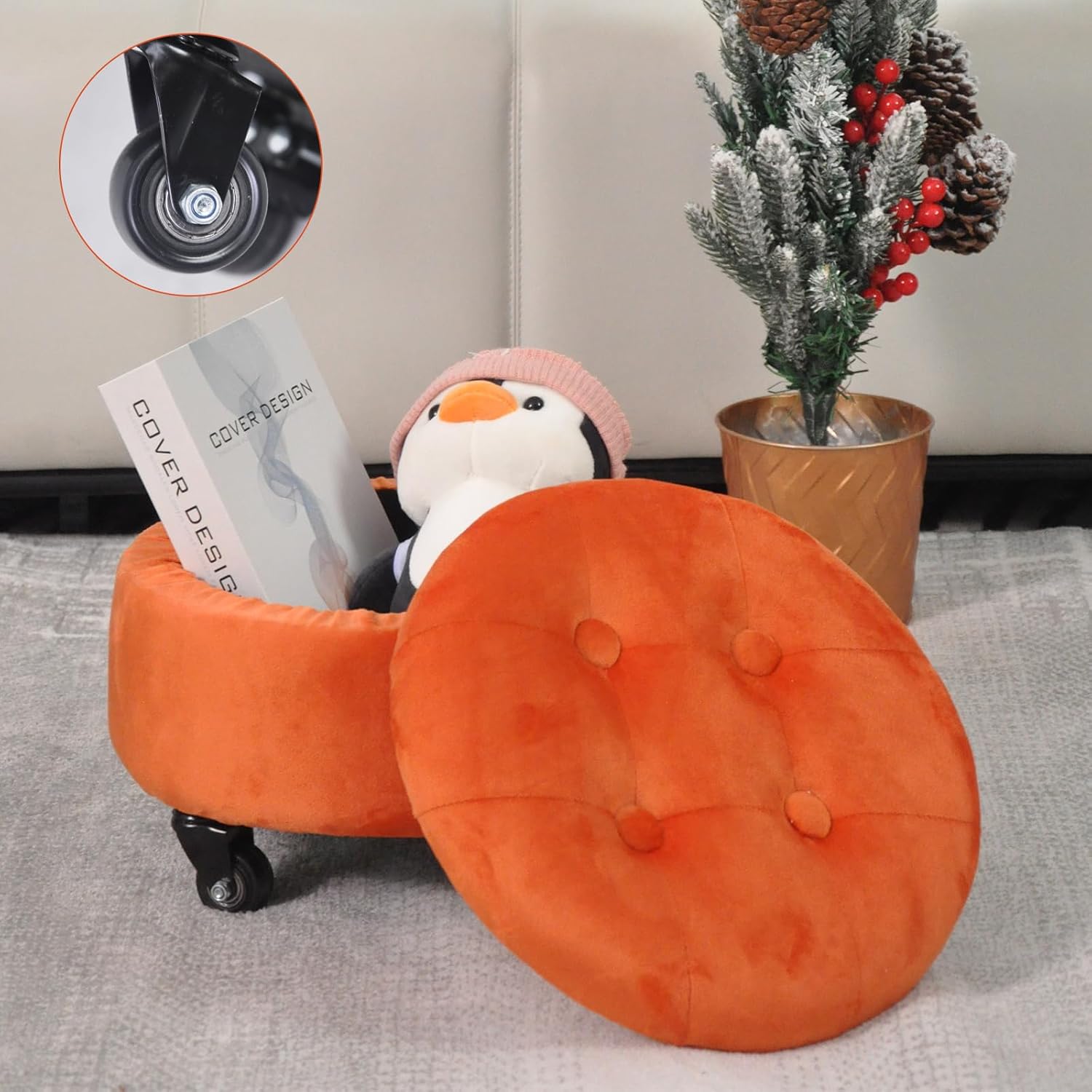 YLCHHOMY Storage Ottoman Round Foot Stool with 360° Wheels Velvet Rolling Stool Low