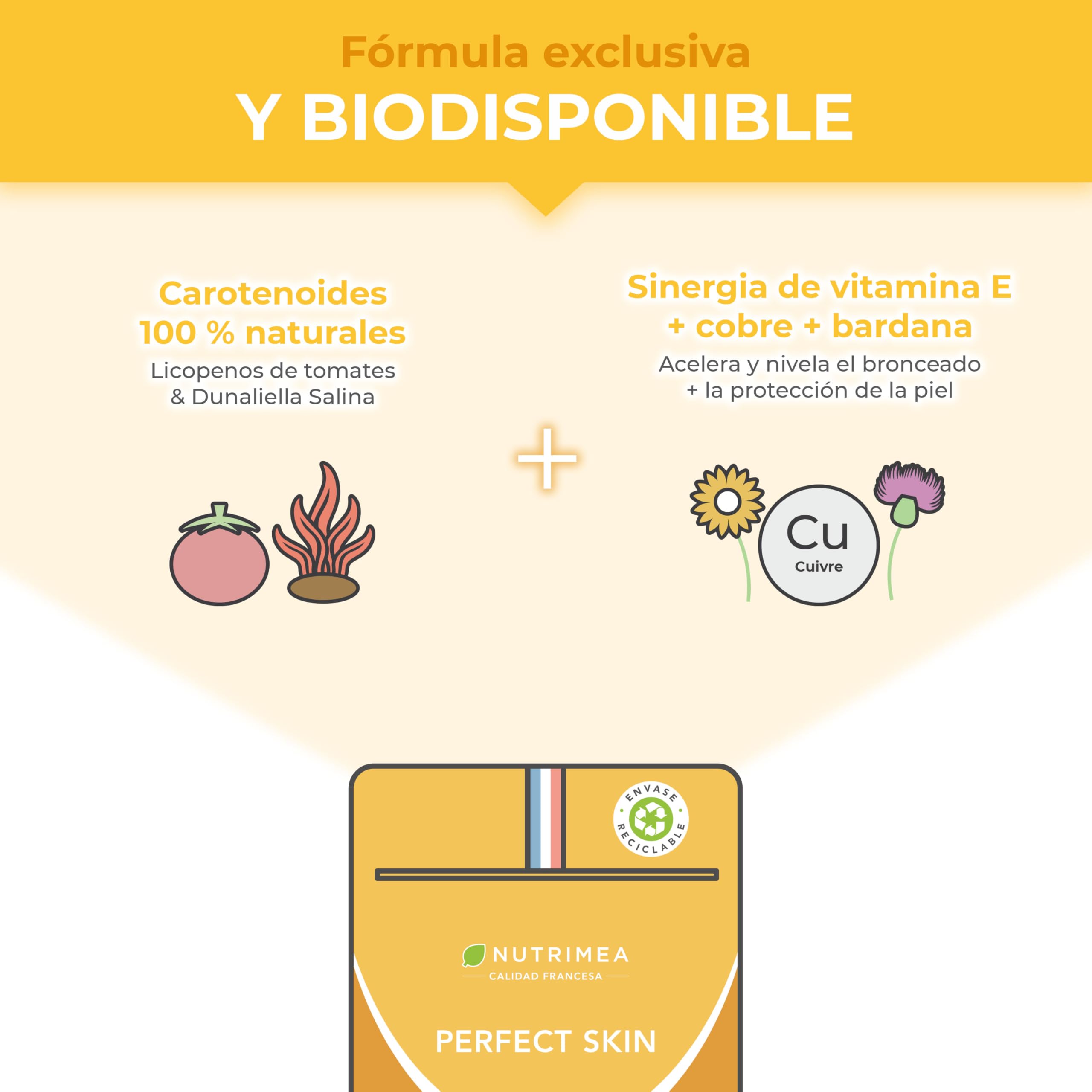 Perfect Skin - Preparador y Acelerador del Bronceado - Protección Solar Natural y Tono Bronceado - Beta-caroteno y Bardana - 60 Cápsulas Veganas - Nutrimea - Fabricado en Francia