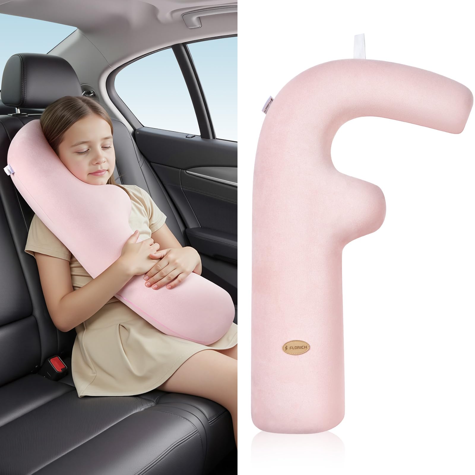 FLORICH Memory Foam Kids Travel Pillow, Car Sleeping Pillow, F-Shape Car Pillows for Adults and Children, Traveling Car Pillow for Kids with Removable Pillowcase (Dark Pink)