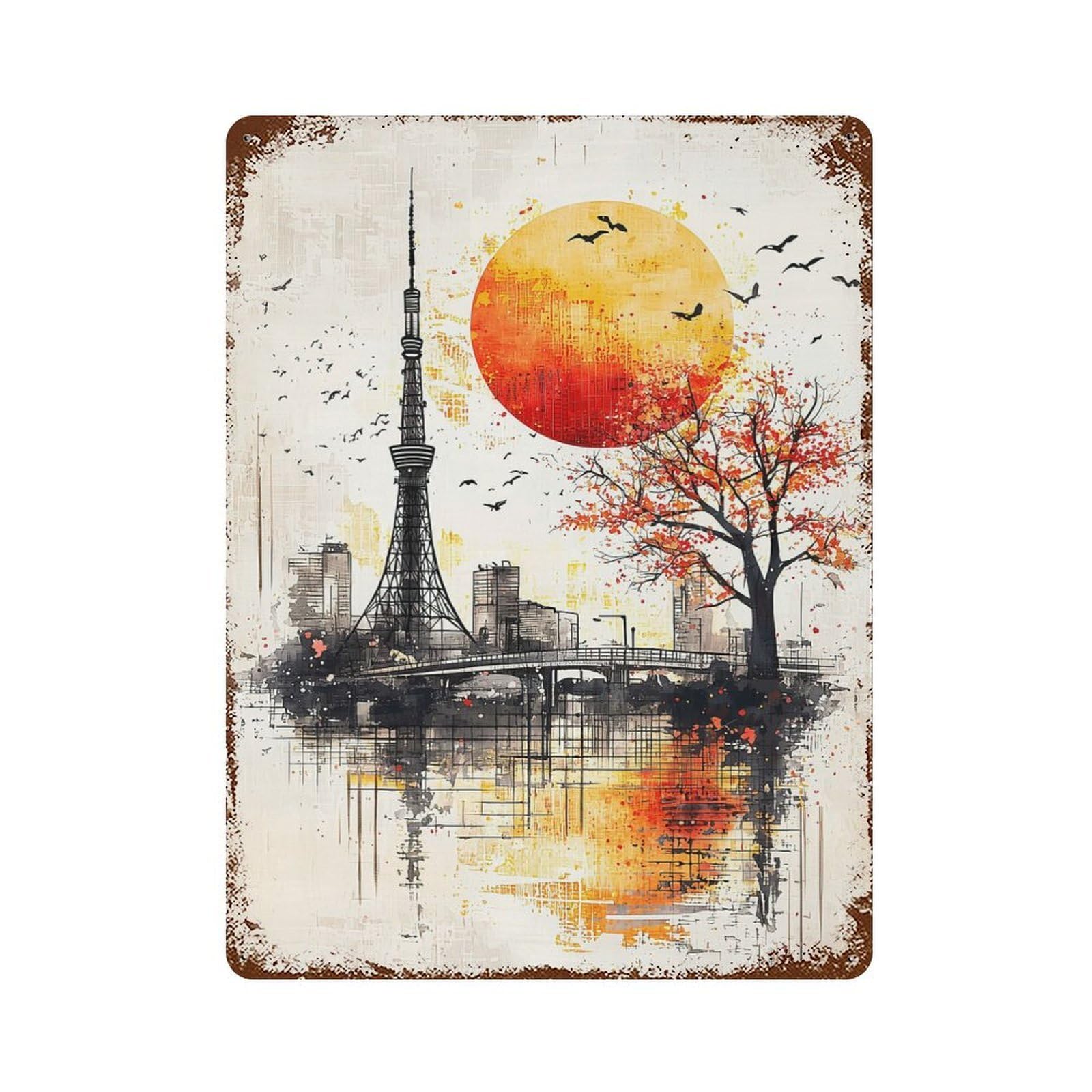 Garage Style Autumn Harmony Tokyo Tower at Sunset Decorative Tin Sign 15.7"x11.8", Farmhouse Wall Decor for Bar And Workshop