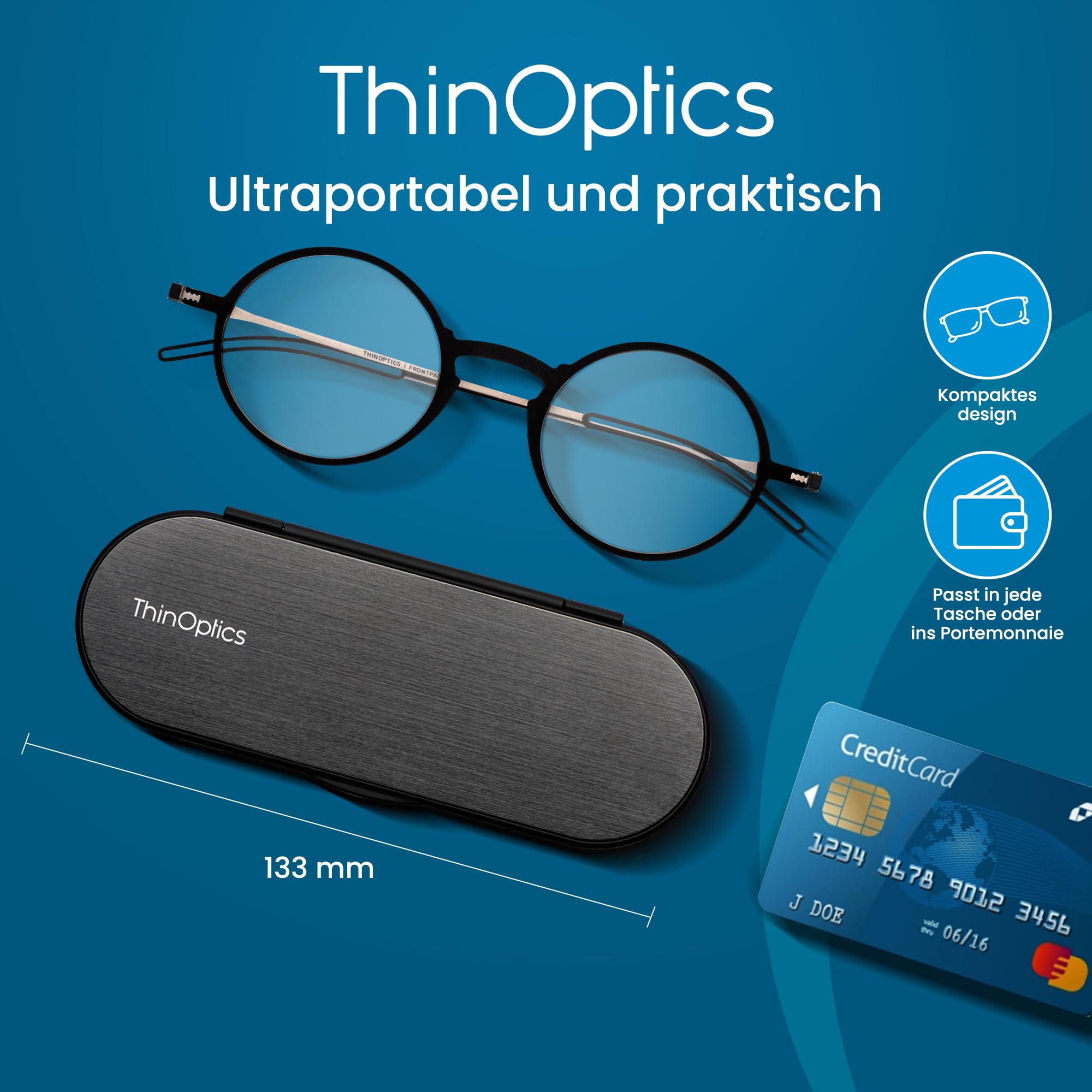 ThinOptics Manhattan Lesebrille, rund, Unisex, Herren und Damen, ultradünn, kompakt und leicht – inkl. magnetischem Etui Milano | Ultraleichte Lesehilfe ohne Bügel im flachen Etui, das am Handy haftet, für unterwegs, im Taschenformat, kratzfeste Linsen