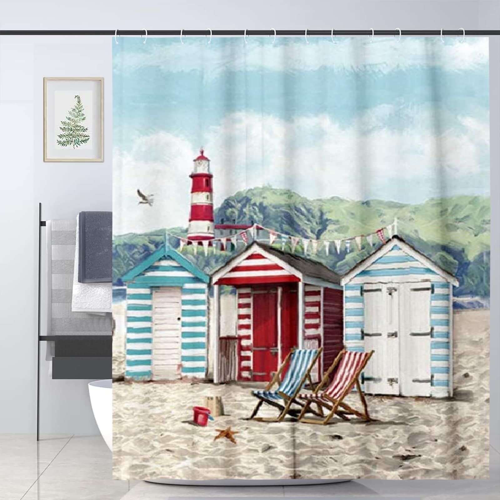 Joocar Men's 20 Beach Hut Shower Curtain Waterproof Bathroom Curtains With Hooks 72X72 Inch