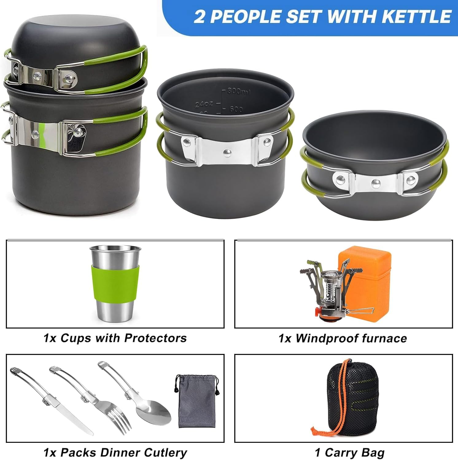 Laspi Kit de Casseroles Camping, 9 pcs Ustensiles de Cuisine de Camping en Aluminium Durable, Camping Ustensiles Complets avec Réchaud de Camping Portable Ultraléger pour Camping