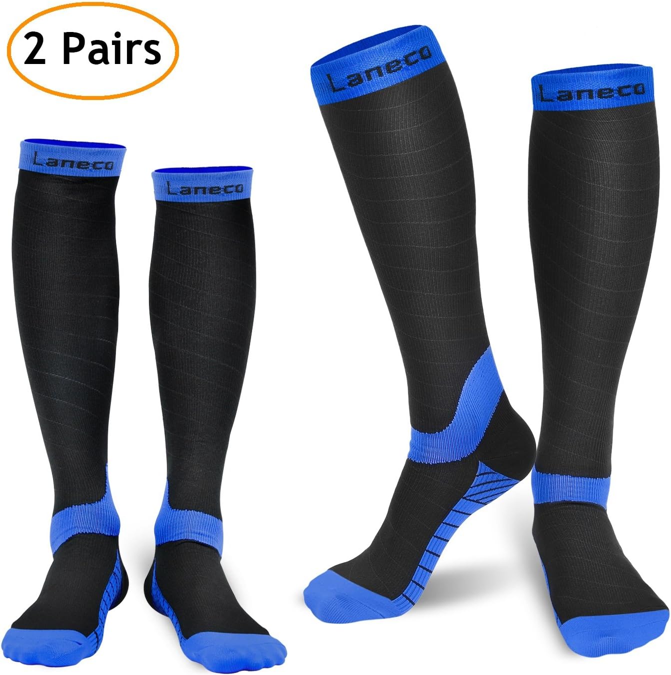 Laneco Compression Socks for Women & Men (2 Pairs), Graduated Compression Sock 20-30 mmHg for Nurses, Running, Maternity Pregnancy, Athletic Sports, Flight Travel, Shin Splints, Edema, Varicose Veins