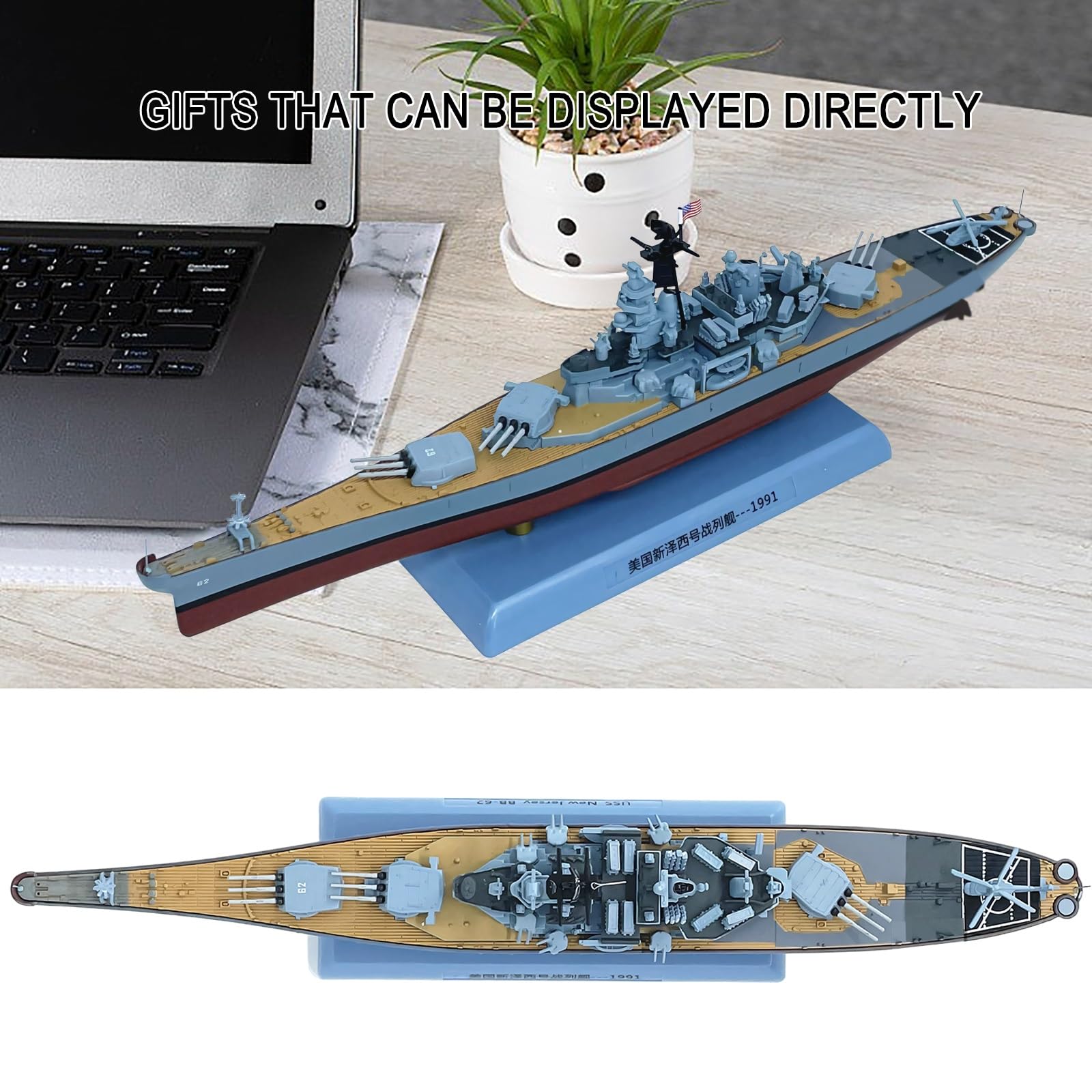 Pancernik USS 1991 New Jersey w skali 1:1000 Wstępnie zmontowany model ze stopu ze stojakiem i podstawą wodną – prezent dla kolekcjonerów wojskowych na biurko, półkę lub gablotę(B)
