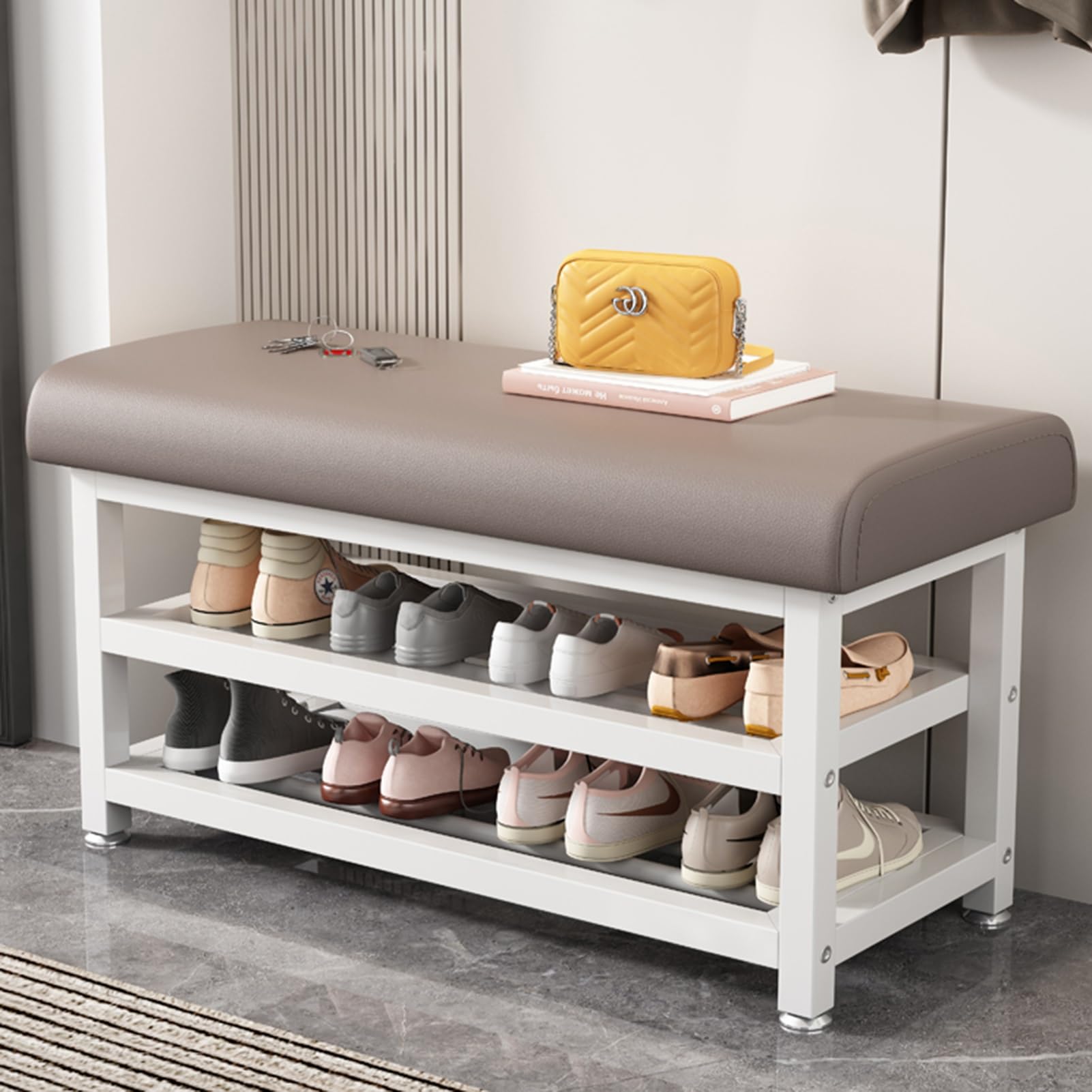 LWJSOCP 2 Tier Shoe Bench with Cushioned Seat Metal Shoe Rack for Entryway Hallway Mudroom Bedroom (Gray B 60cm/23.6in) Stylish & Functional Storage Solution