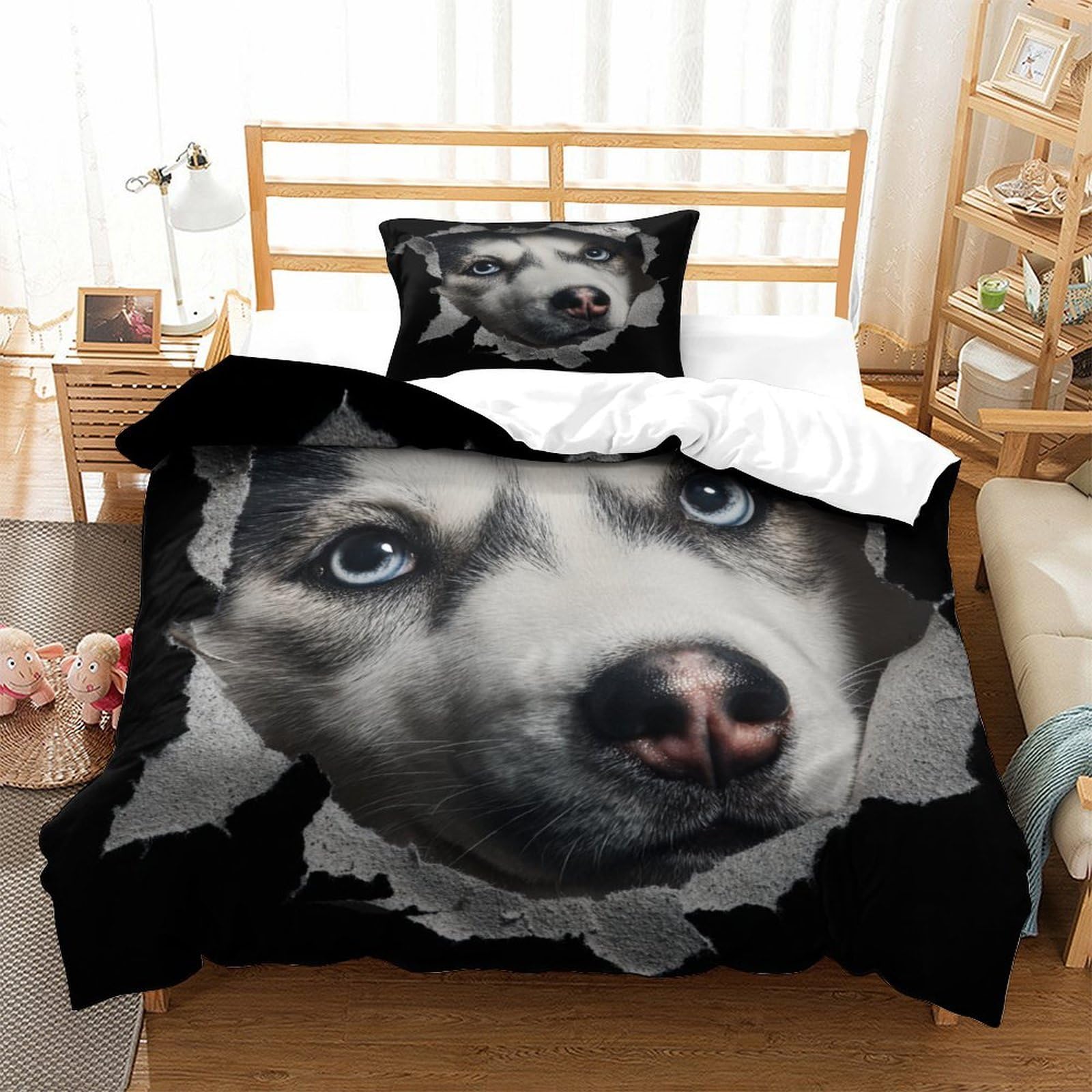 Parure de lit chien 3D pour chambre d'enfant douillette avec housse 135x200 cm