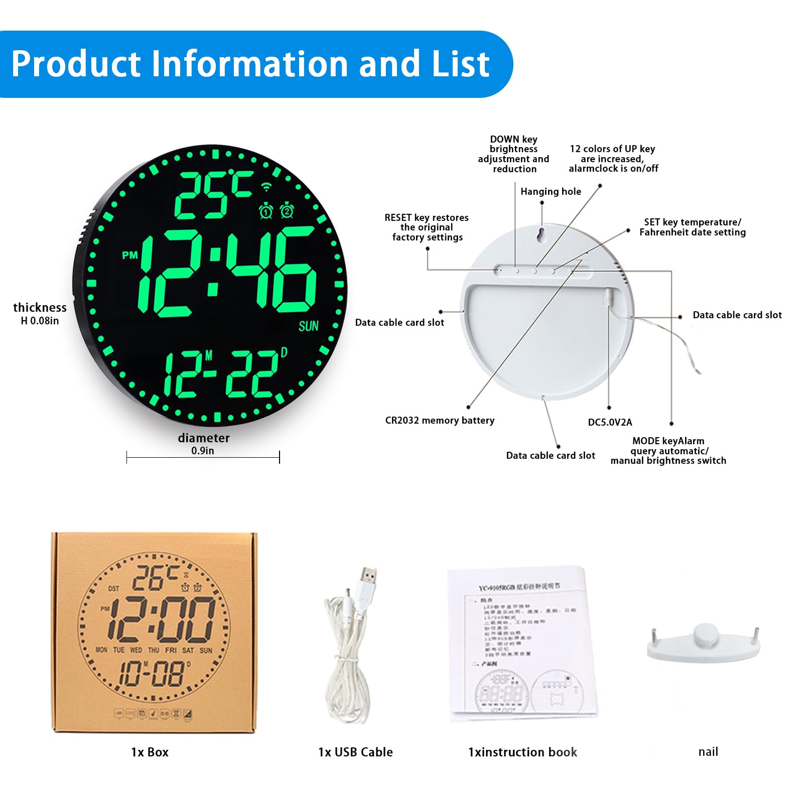 HZDHCLH Horloge murale numérique 12" LED avec télécommande réveil