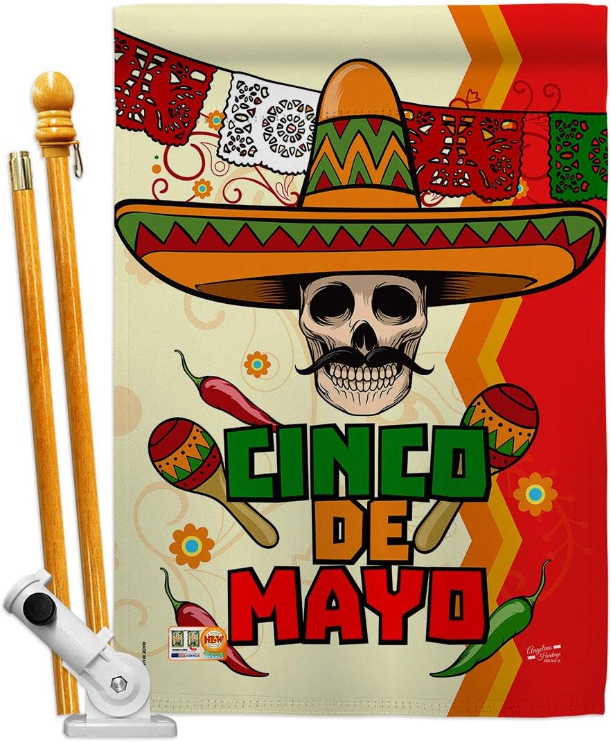 H137045 Calavera Cinco de Mayo Decorative Vertical House Flag, 28" x 40", Multicolor