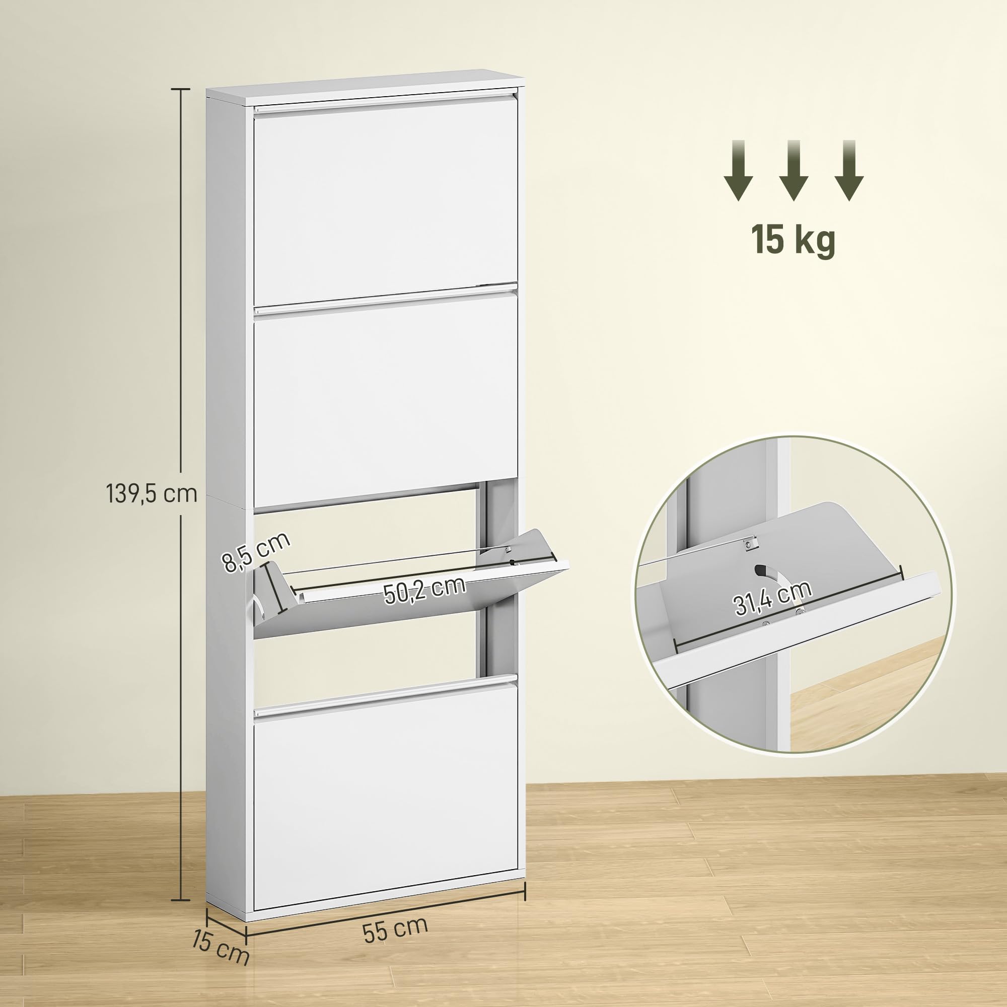 HOMCOM Schuhschrank Metall mit 4 Klappen Schuhkipper Schmal Schuhkommode Schuhregal Schuhablage Wandmontage für 8 Paar Schuhe 55 x 15 x 139,5 cm Weiß
