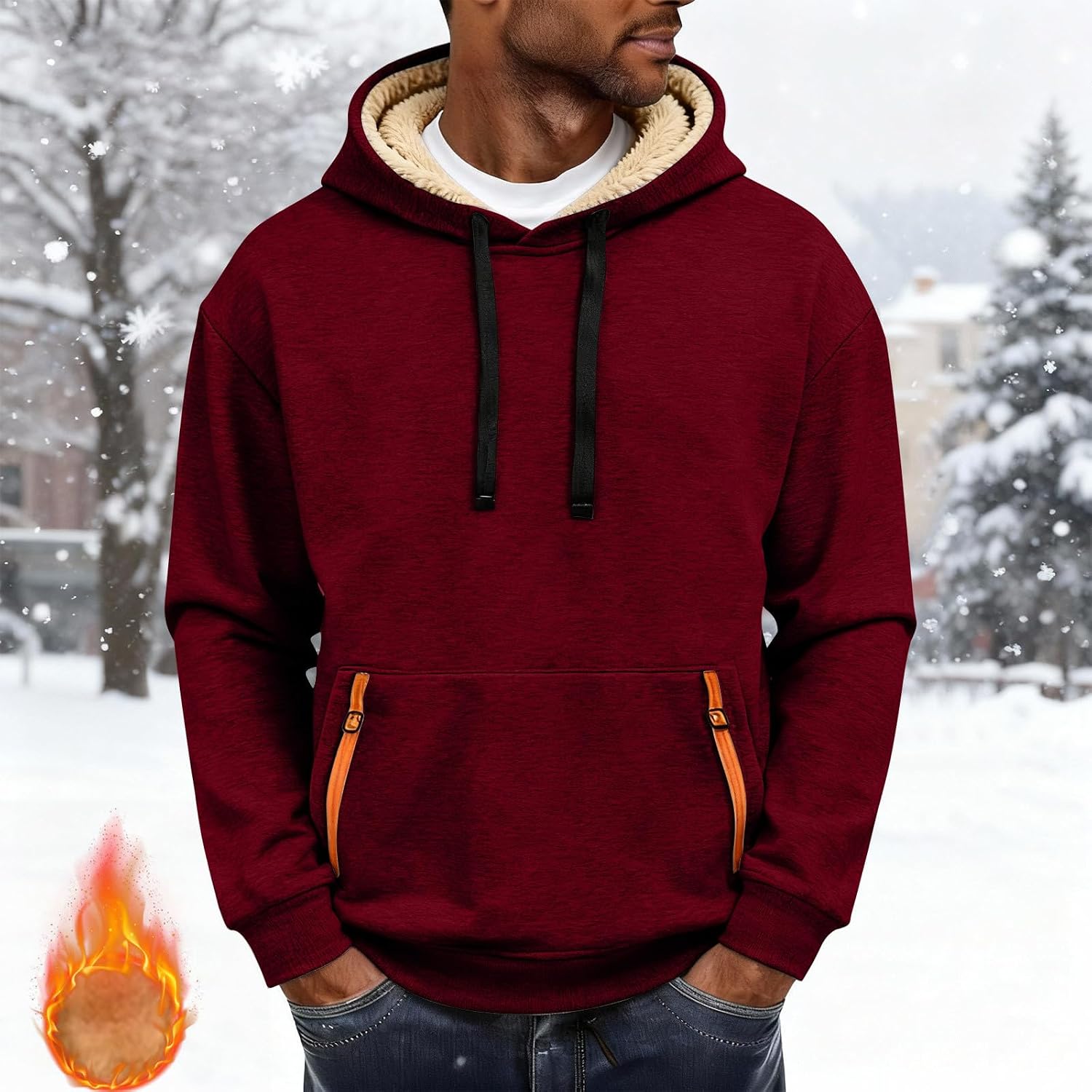 Cambkatl Sherpa Lined Hoodies for Men Long Sleeve Outdoor Workout Casual Pullovers Fleece Cargo Sweatshirt