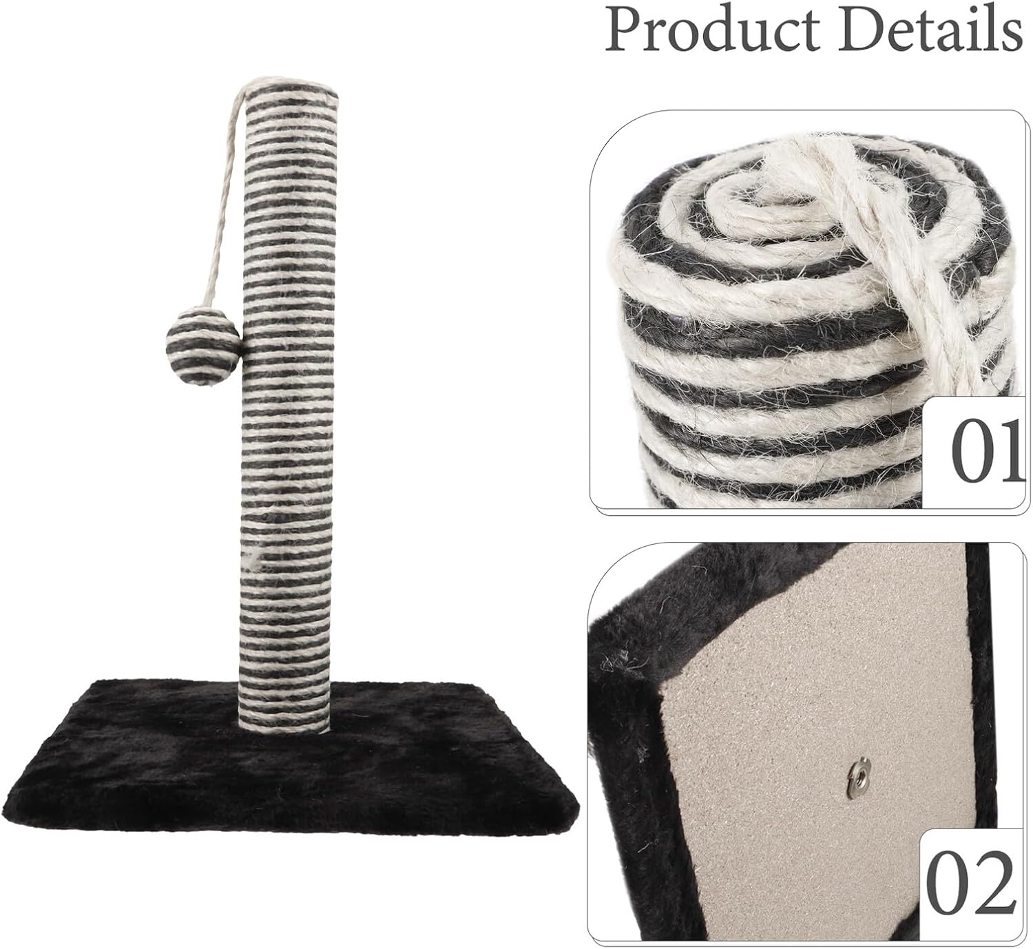 Vertical Cat Scratching Post with Sturdy Sisal Rope and Hanging Ball, Wear-Resistant Floor Scratcher for Indoor Cats and Kittens, Black Kitten Claw Scratcher