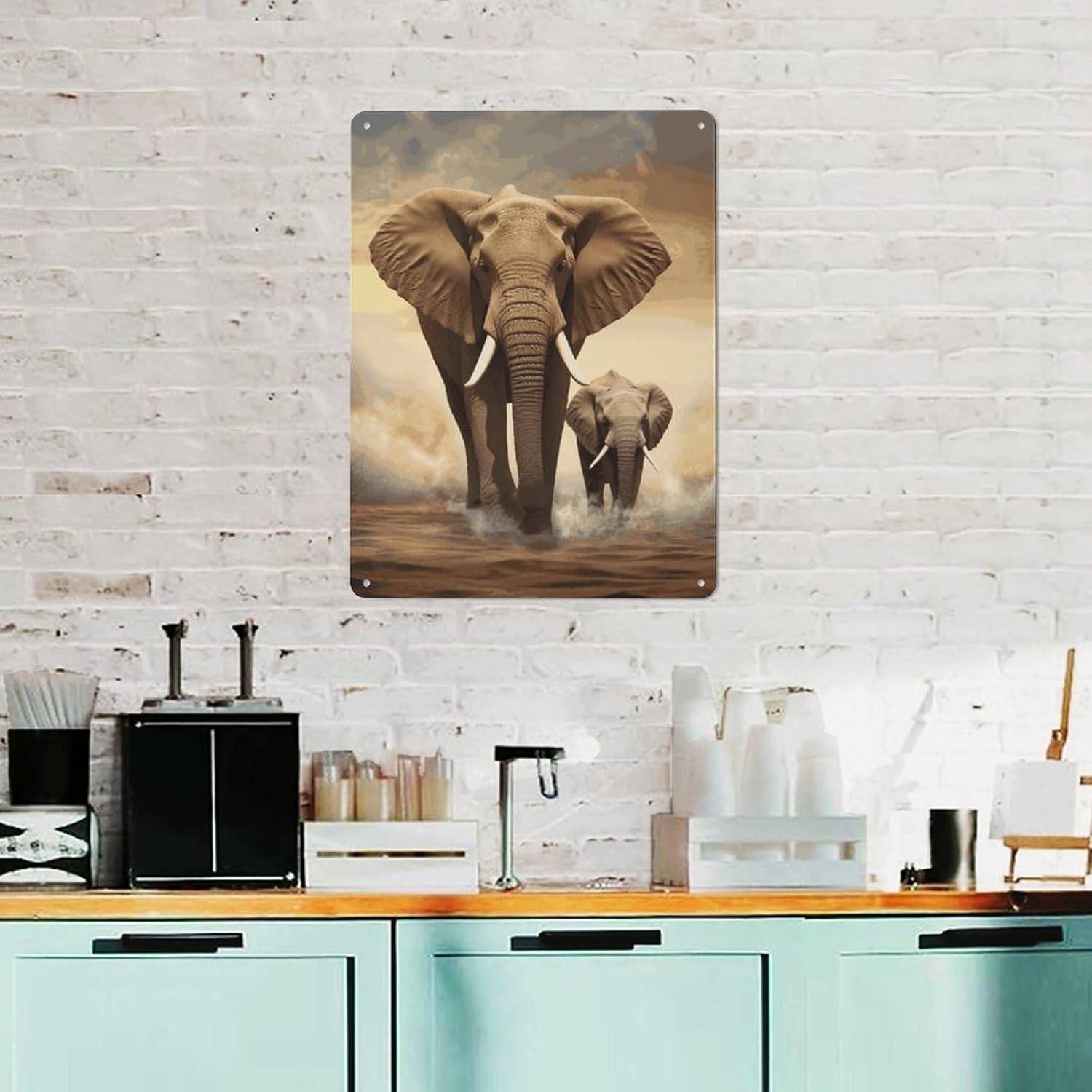 BVNMT Metal Hanging Paintings Elephant And Baby Elephant Printed Room Wall Decoration Posters Bedroom Kitchen Bar Cafe Metal Posters