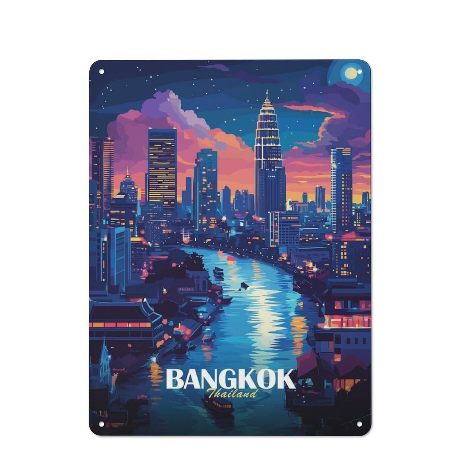Junmoney Style-19 Bangkok Thailand Cityscape At Night Rustic Printed Metal Sign 40X30cm For Garage Or Workshop, For Garage, Workshop And Man Cave Decoration