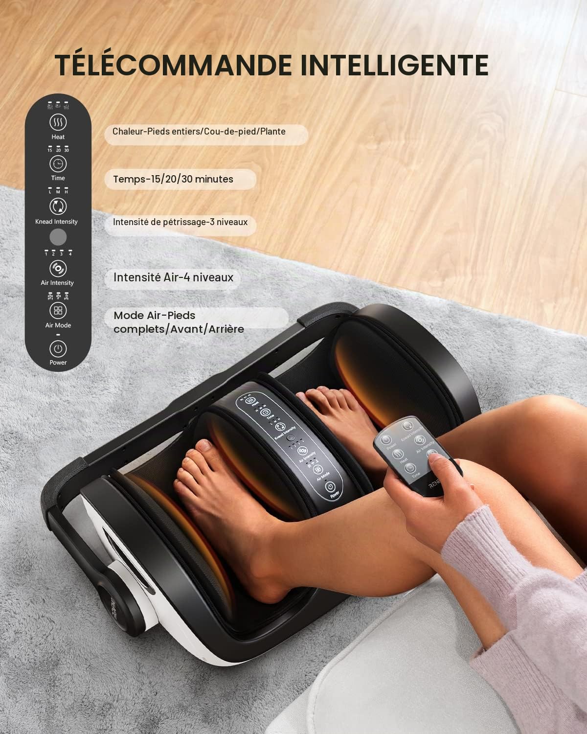 RENPHO Masseur de Pieds Shiatsu, Masseur de Jambes Avec Télécommand, Masseur de Mollets, Chambre Pour Pieds 19,5 cm in Large, Petrissage, Roulement, Compression, Chauffage