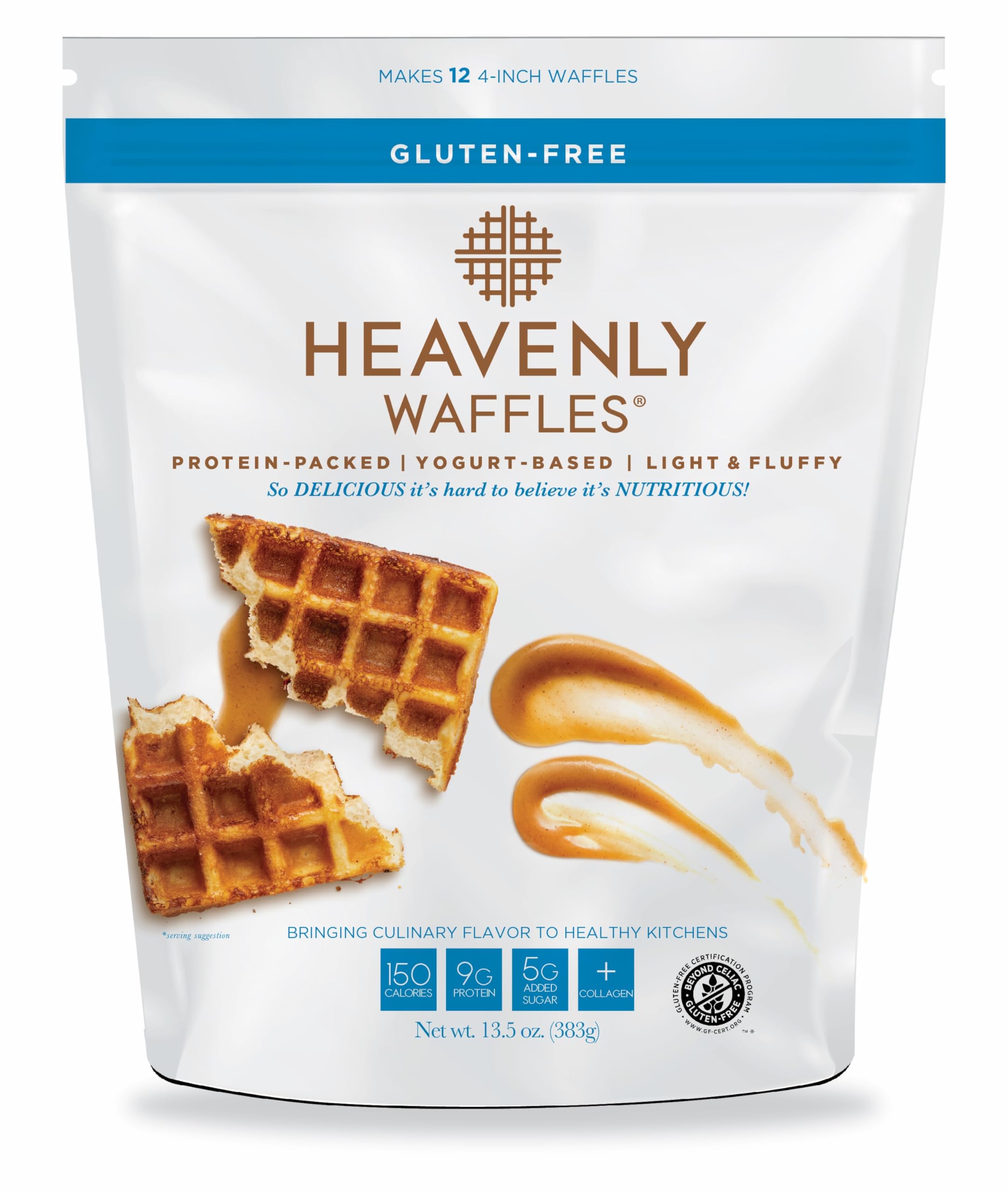 Heavenly Waffles® Mix, Gluten Free, 9g Protein, Yogurt Based, Healthy and Nutritiously Balanced, Superior Tasting Waffles and Pancakes, 13.5 oz Pouch